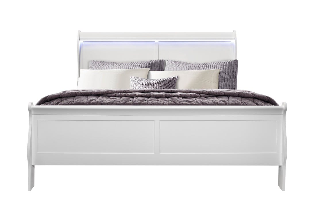 Charlston White King Bed With Led White Solid Wood Mdf