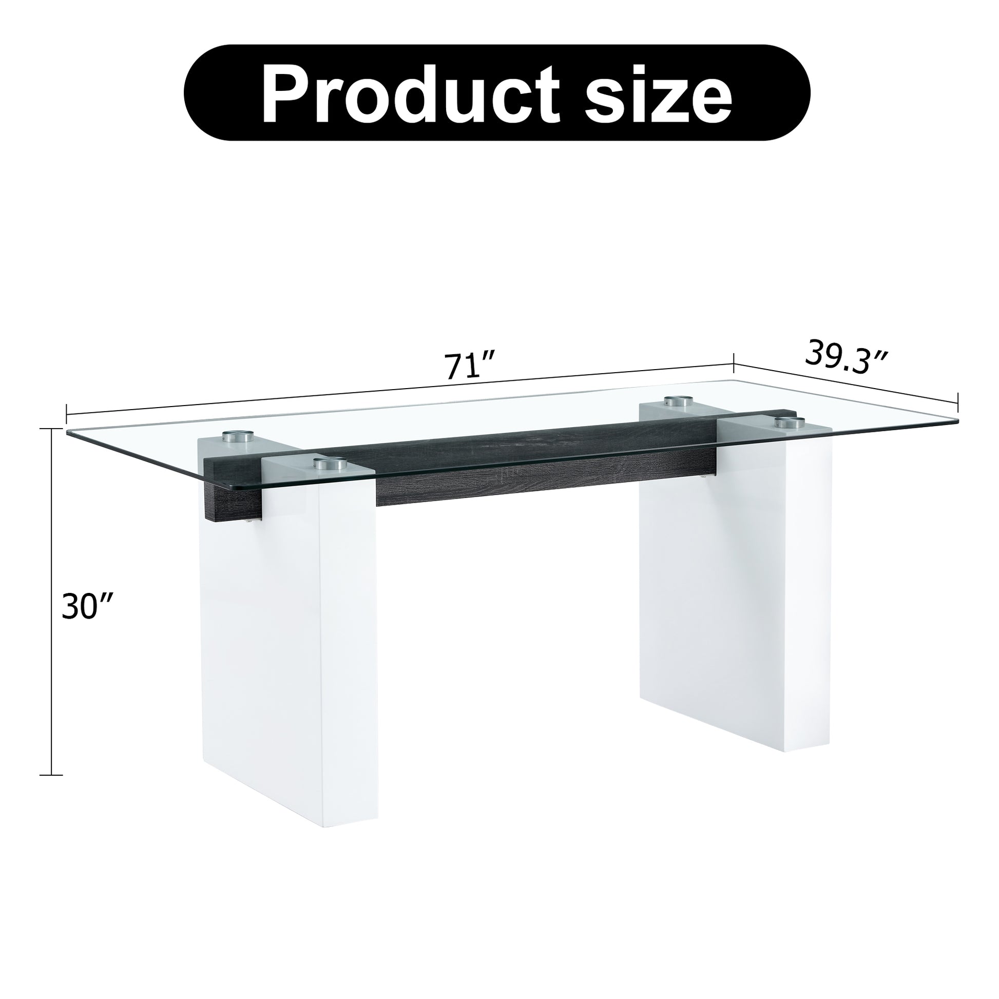 Table And Chair Set. Large Modern Rectangular Table With Glass Top And Large Mdf Legs. Comes With 6 Chairs With Faux Leather Upholstered Seats And Silver Metal Legs. White Seats 6 Mdf Glass