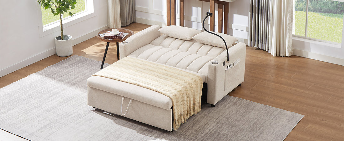 55.9" Convertible Sofa Bed Loveseat Sofa With Three Usb Ports, Two Side Pockets, Two Cup Holders And 360 Swivel Phone Holder For Living Room, Beige Beige Foam Polyester