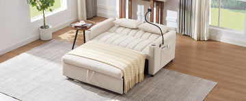 55.9" Convertible Sofa Bed Loveseat Sofa With Three Usb Ports, Two Side Pockets, Two Cup Holders And 360 Swivel Phone Holder For Living Room, Beige Beige Foam Polyester