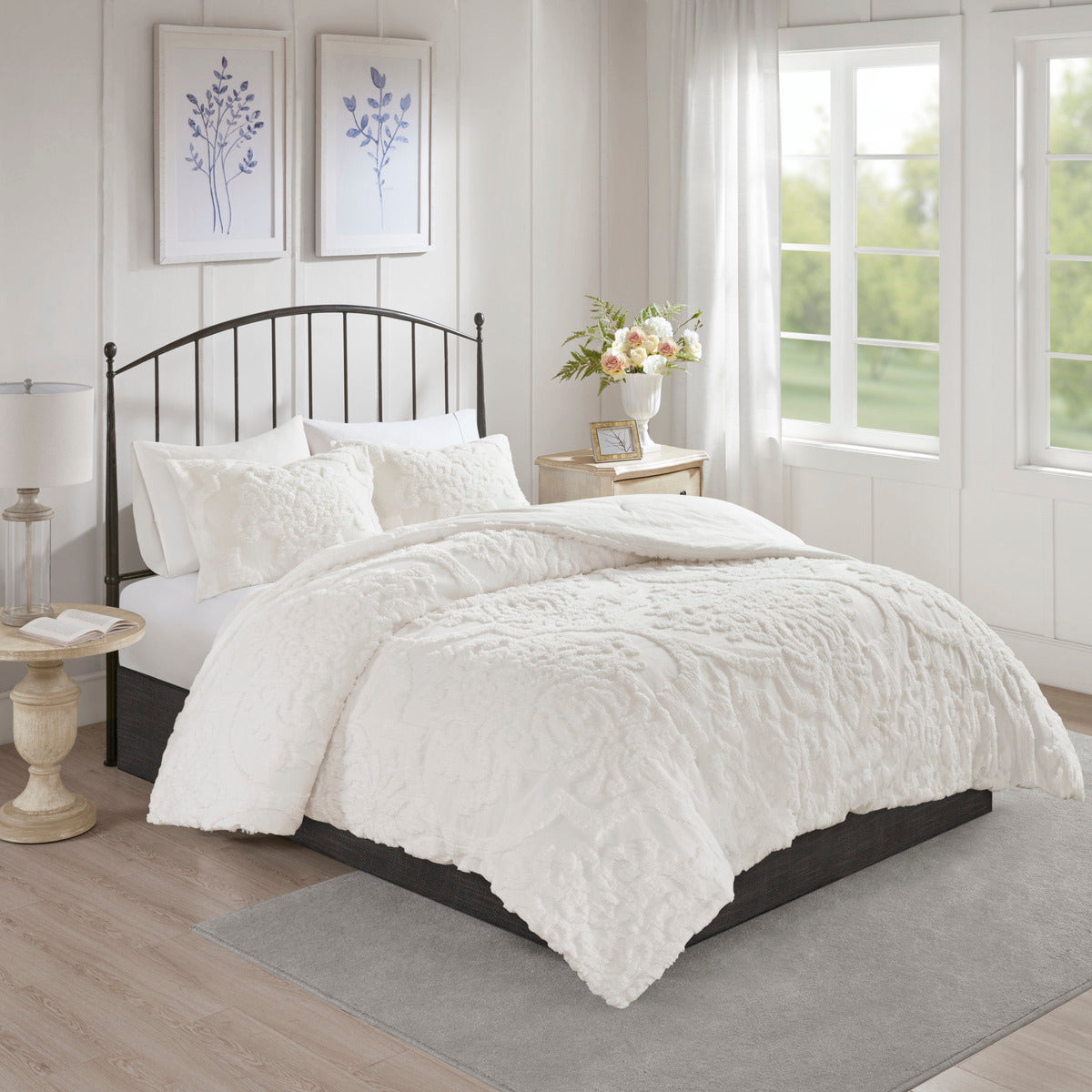 3 Piece Tufted Cotton Chenille Da Comforter Set Off White King Cal King King Off White Cotton