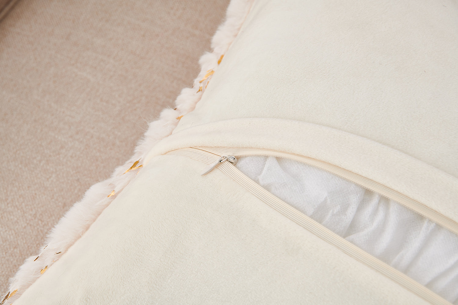 Luxury Chinchilla Faux Fur Gilded Beige Pillow 22 In. X 22 In. Beige Gold Polyester