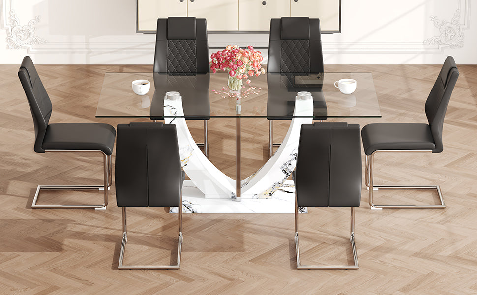 Table And Chair Set, Large Modern Rectangular Glass Table, Can Accommodate 6 8 People, Equipped With A 0.39 Inch Tempered Glass Tabletop And Mdf Table Legs.Paired With Comfortable And Soft Chairs. Black Mdf Glass