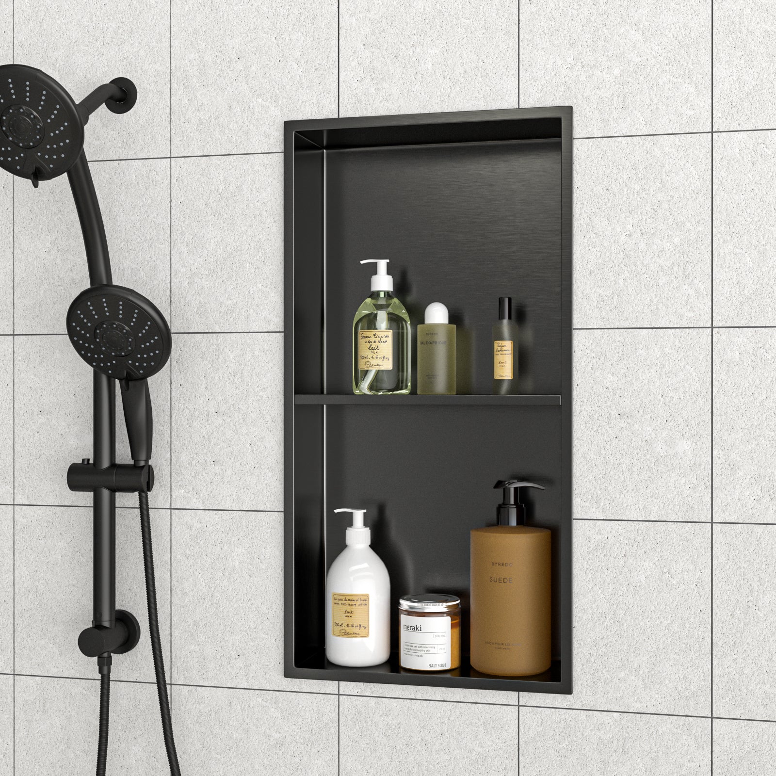 13" X 25" Stainless Steel Shower Niche Double Shelf, Gunmetal Black Gunmetal Black Stainless Steel