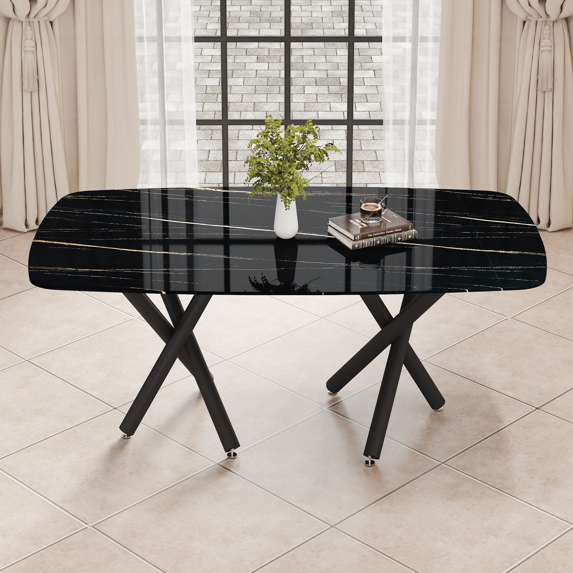 Large Modern Minimalist Rectangular Dining Table With 0.39 "Imitation Marble Black Tabletop And Black Metal Legs, Suitable For Kitchen, Dining Room, Living Room, Conference Room, And Banquet Hall