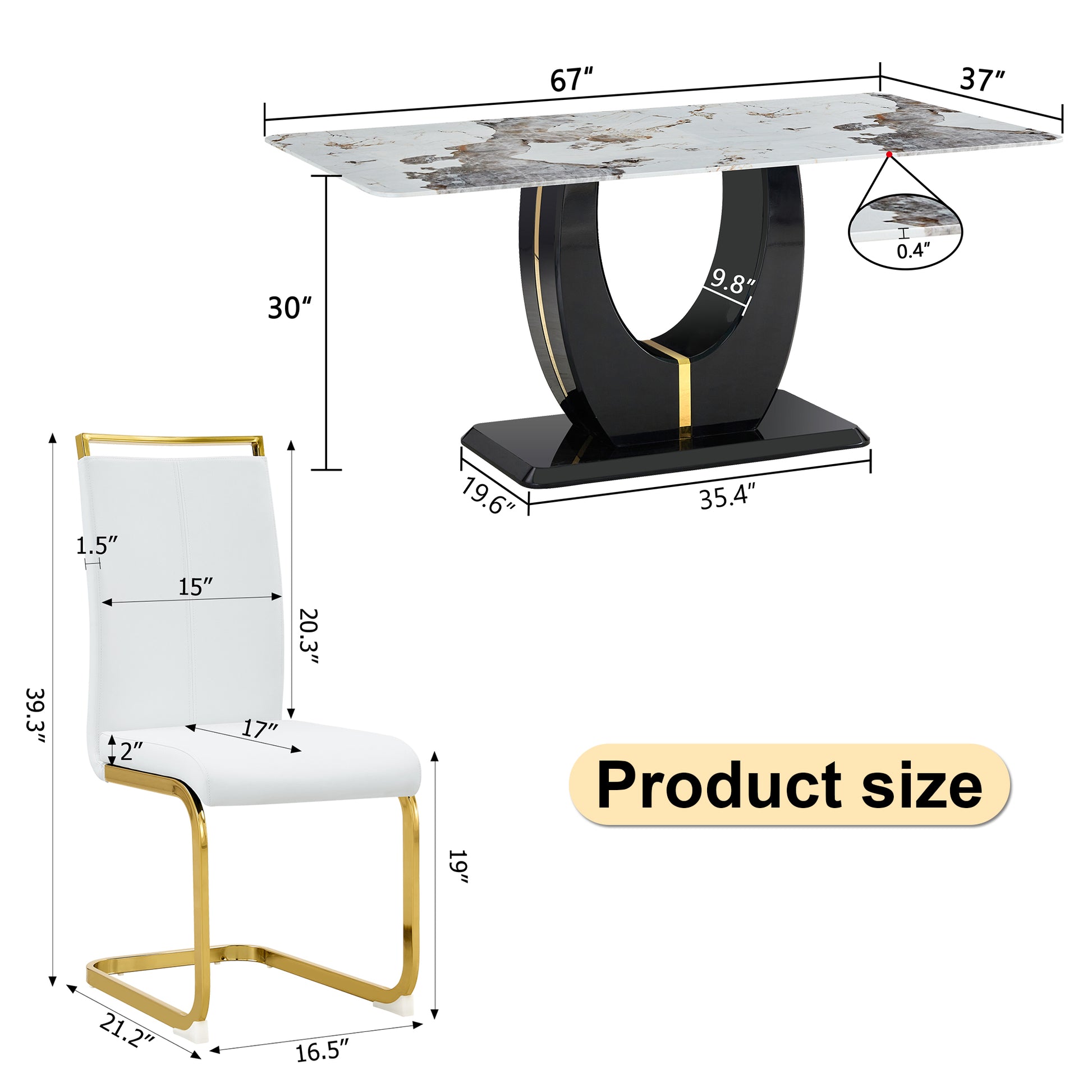 Table And Chair Set, Modern Dining Table, Patterned Table Top And Black Mdf Table Leg, Soft And Comfortable Dining Chair, Perfect For Dinner, Meetings, Home And Office Decor White Black Mdf Glass