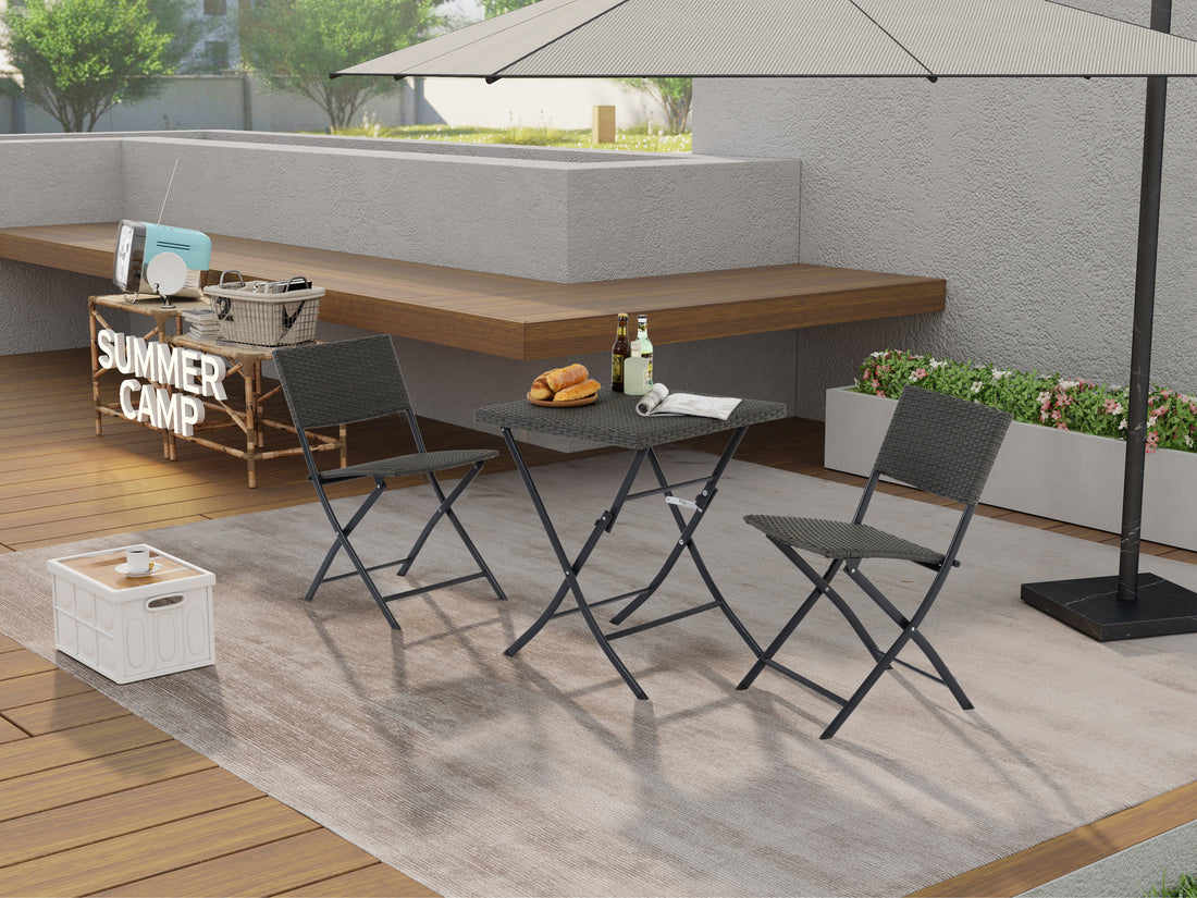 Rattan Patio Bistro Set, 3 Piece Foldable Outdoor Patio Furniture Sets, With Folding Table And Two Chairs, For Garden, Backyard, Pool, Lawn, Porch, Balcony, All Weather Rattan Style Gray Pe Rattan