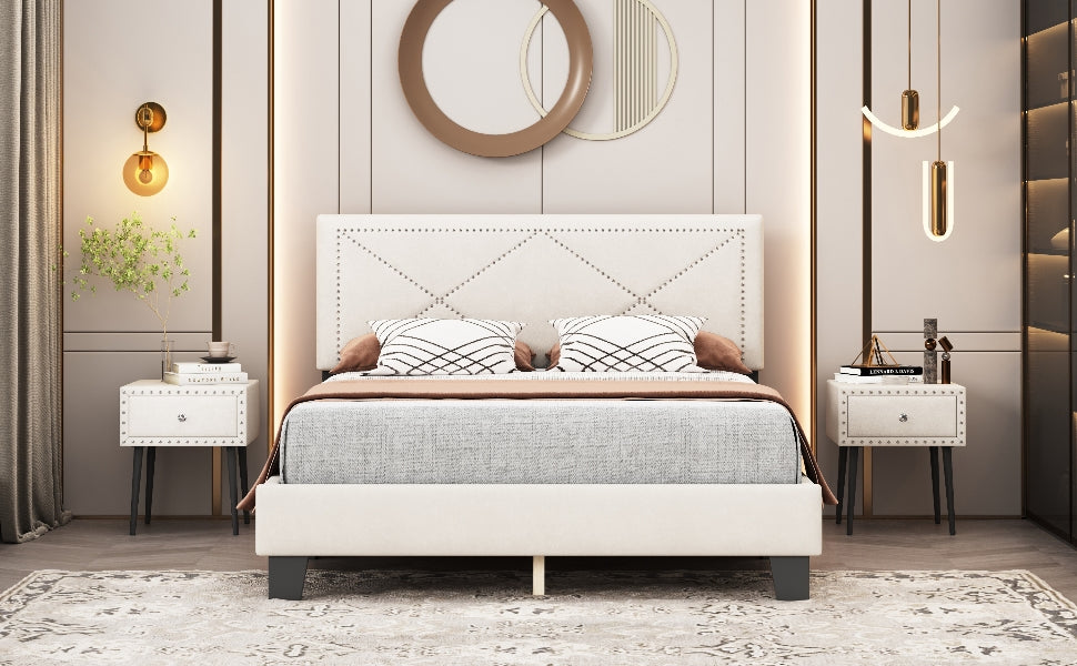 Simple Queen Size Upholstered Bed Frame With Rivet Design, Modern Velvet Platform Bed With Headboard, Beige Queen Beige Bedroom Bed Frame Velvet Solid Wood Mdf