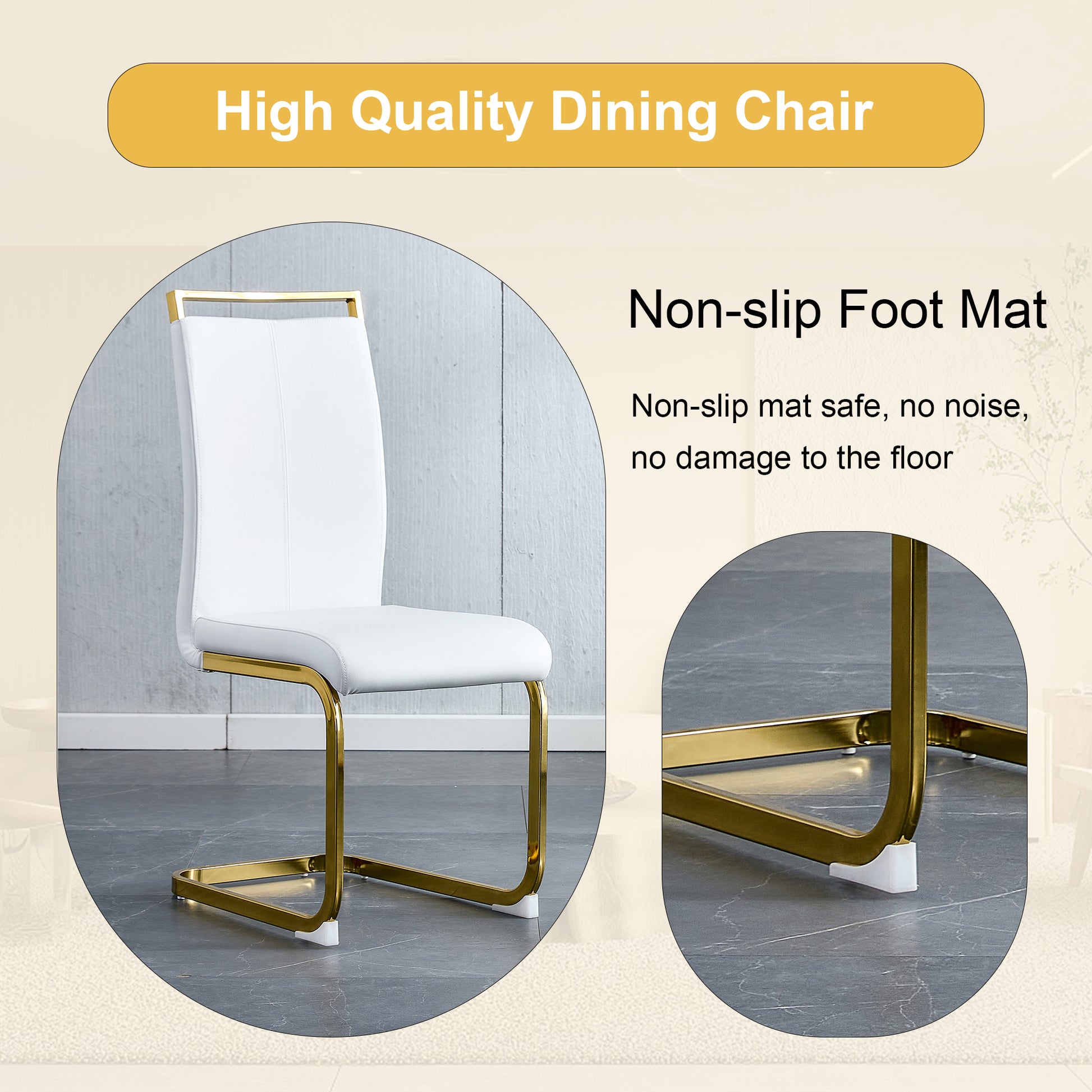 Table And Chair Set.67"X36" White Marble Pattern Mdf Dining Table Set With 8 White Pu Chairs.Mdf Sticker,White Marble Pattern Sticker,Gold C Tube Chair Legs,Suitable For Kitchen,Dining Room,Etc.