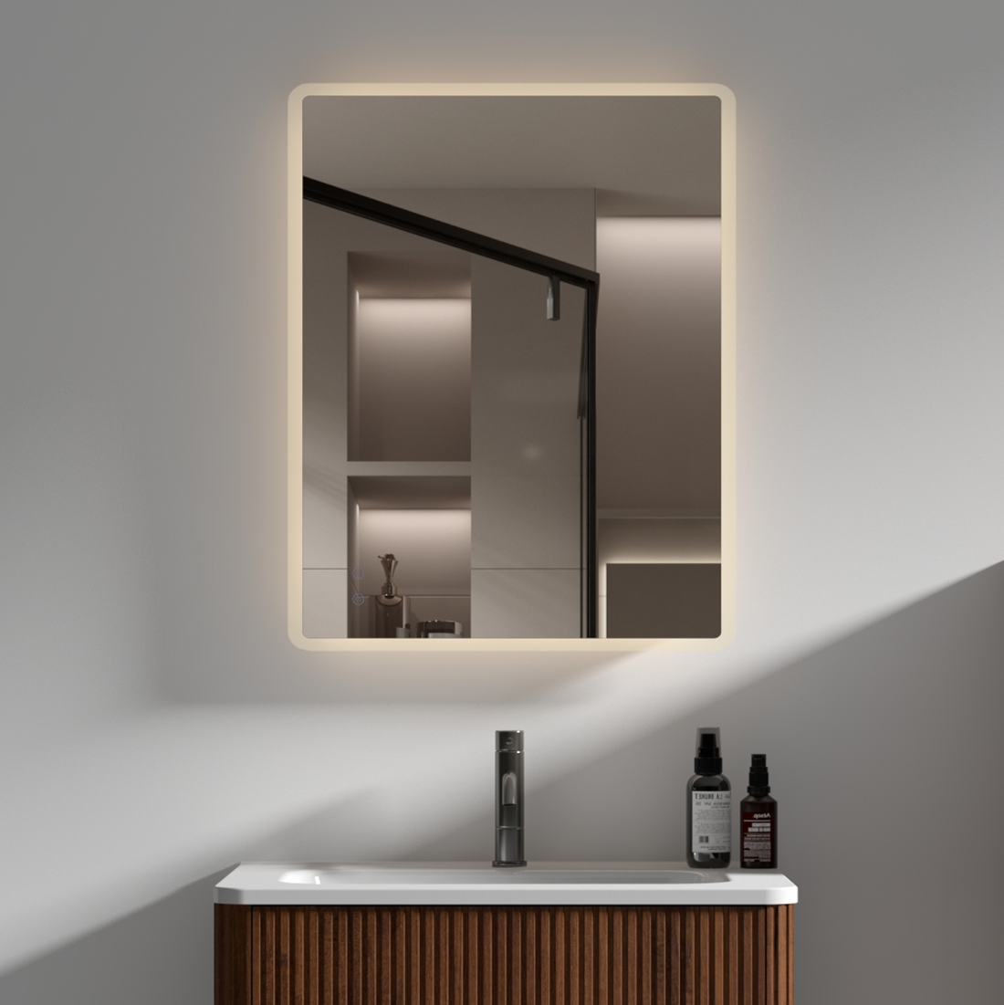 24" W X30 " H Modern Wall Mounted Led Backlit Anti Fog Rounded Rectangular Bathroom Mirror With Us Standard Plug, Temperature Adjustable And Memory Function Touch Switch White Glass