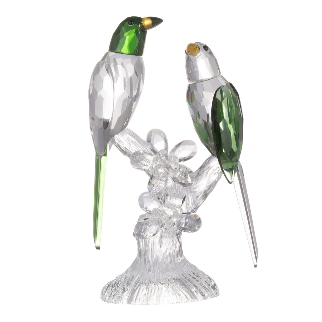 9 Inch 2 Parrots Sculpture Figurine Accent, Clear And Green Faceted Glass White Green Glass