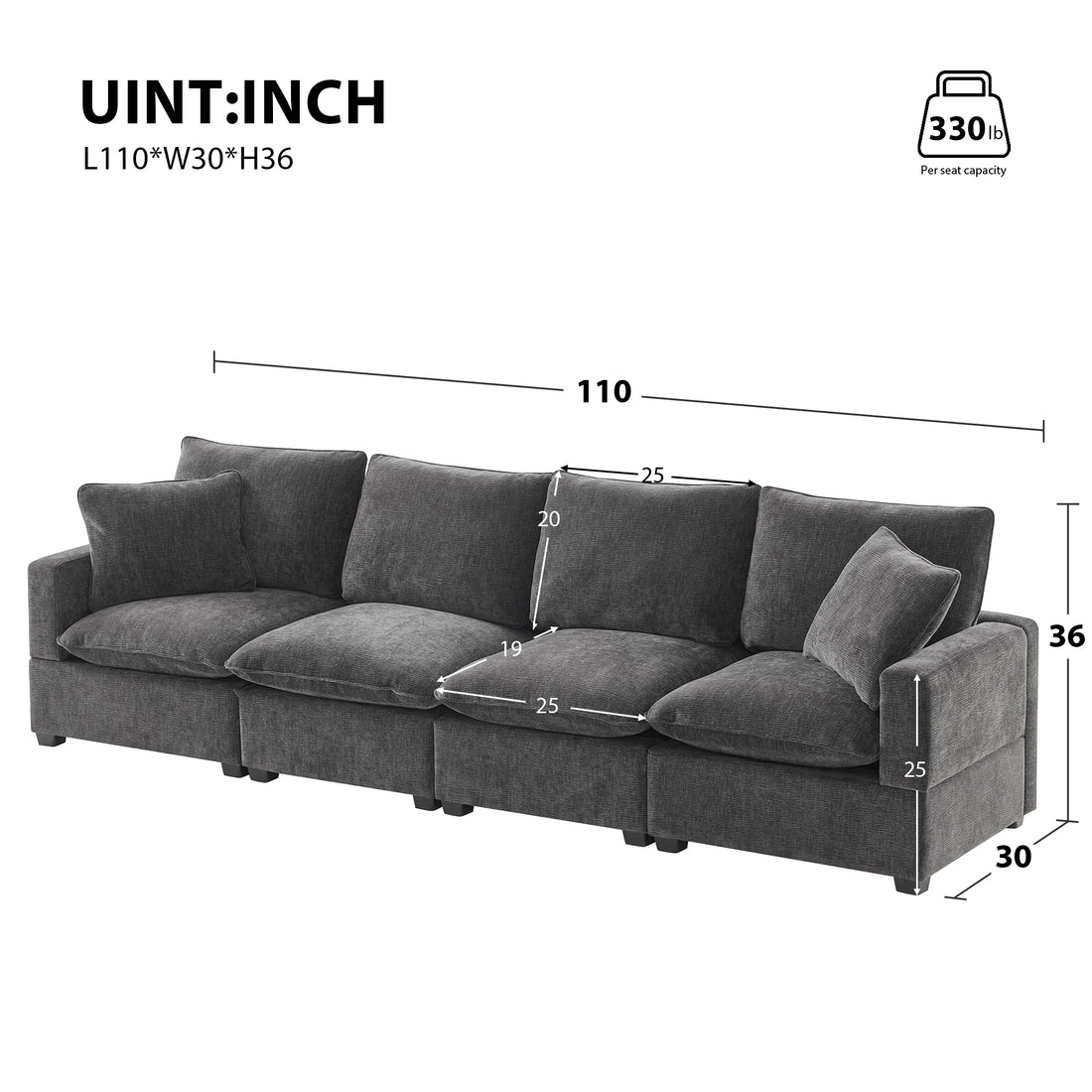 110*29" Modern Modular Sofa, 4 Seat Chenille Sectional Couch Set With 2 Pillows Included, Freely Combinable Indoor Funiture For Living Room, Apartment, Office, 2 Colors Black Grey Chenille 4 Seat