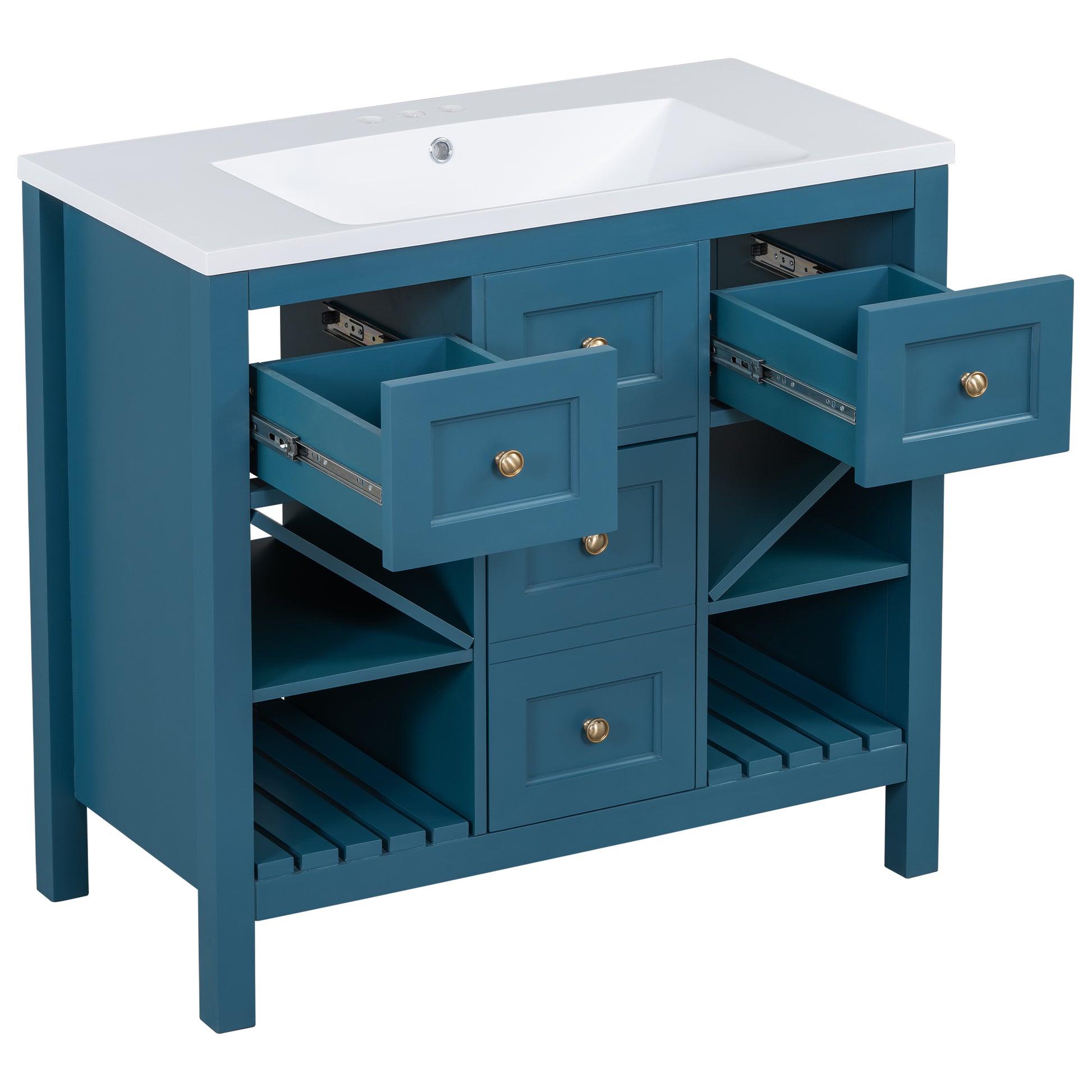 36'' Bathroom Vanity With Resin Sink Combo, Solid Wood Frame Bathroom Storage Cabinet, Freestanding Vanity Set With 5 Drawers& Soft Closing Doors Same As Sw000141Aam Blue Bathroom Solid Wood Mdf Resin
