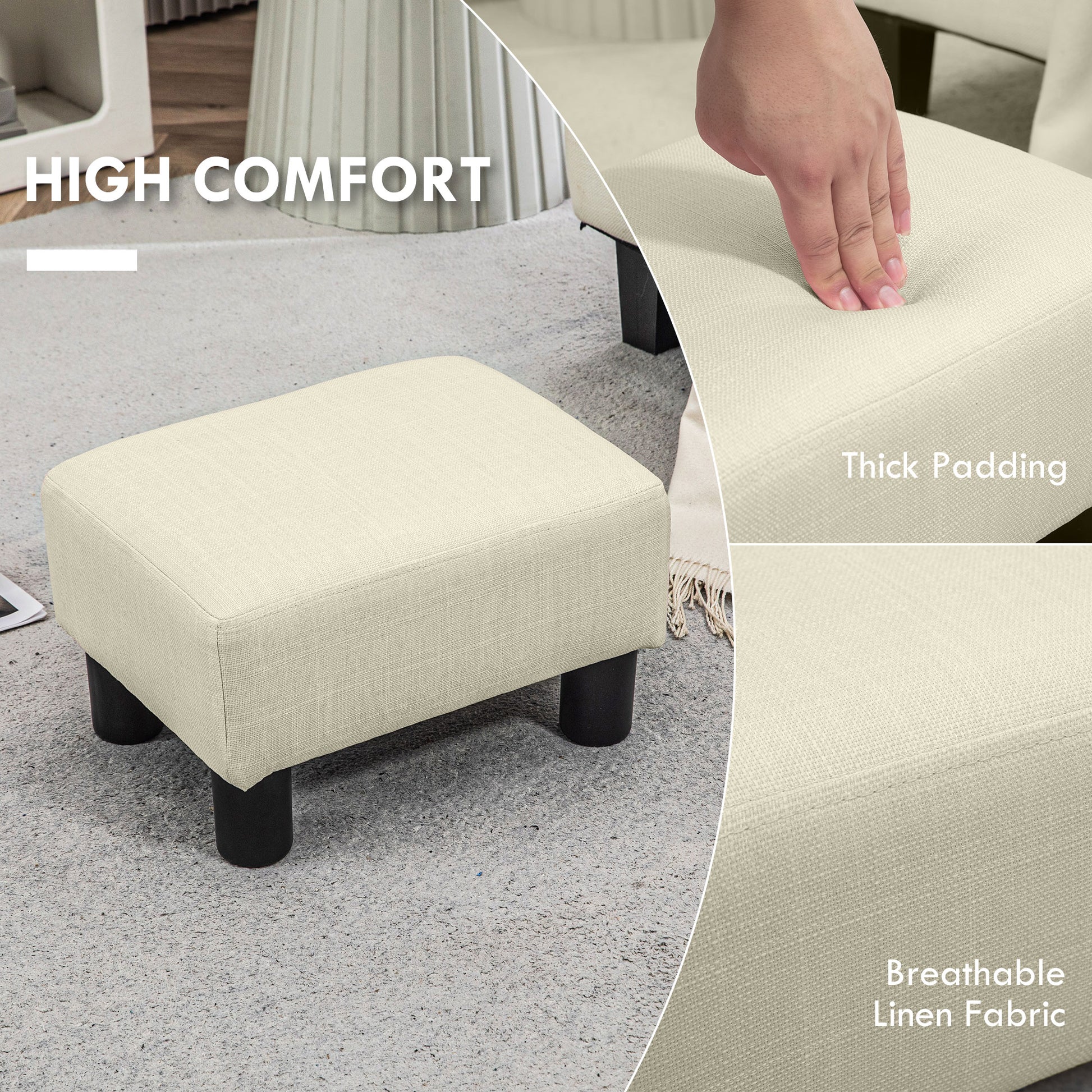 Homcom Ottoman Foot Rest, Small Foot Stool With Linen Fabric Upholstery And Plastic Legs, Cube Ottoman For Living Room, Beige Beige Linen