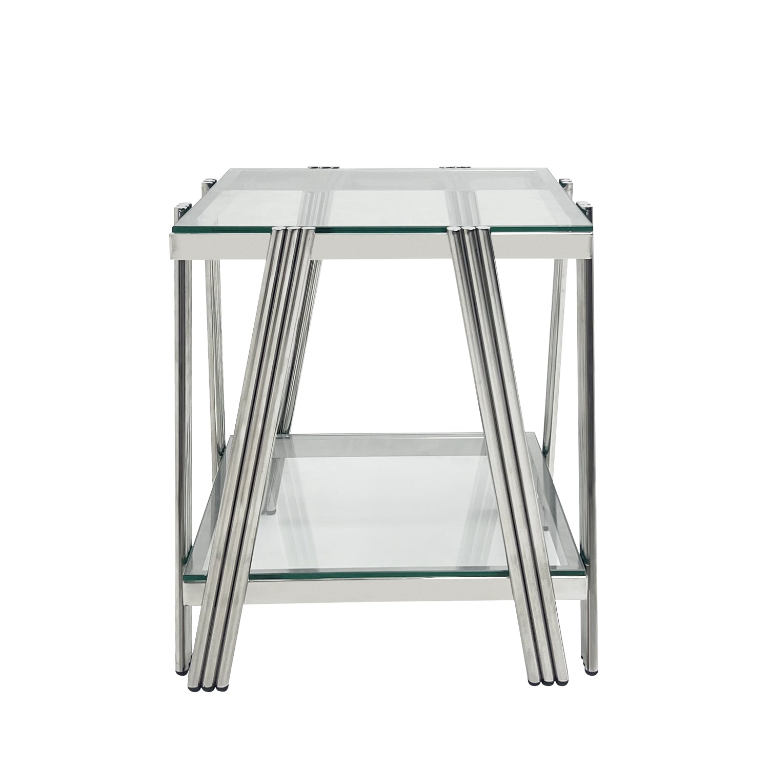 20 Inch Square End Table, Modern Stainless Steel End Table, Double Layer Clear Tempered Glass Coffee Table, Side Table With Storage, For Living Room Home Office, Silver Clear,Silver Modern Square