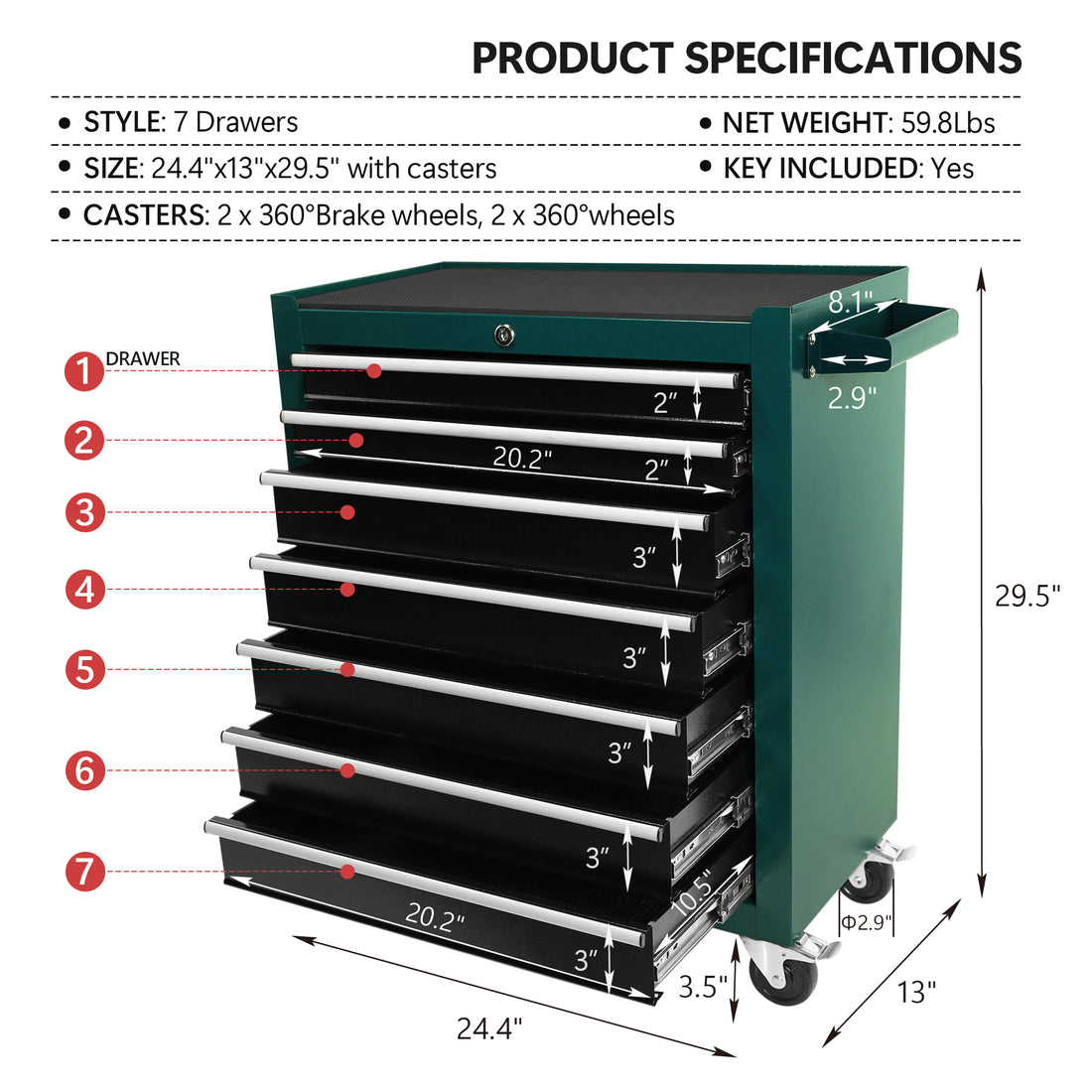 7 Drawer Rolling Tool Cart, Rolling Tool Box On Wheels, Lockable Home Repair Tool Storage Organizer, Tool Chest Cabinet For Mechanic, Garage Green Steel