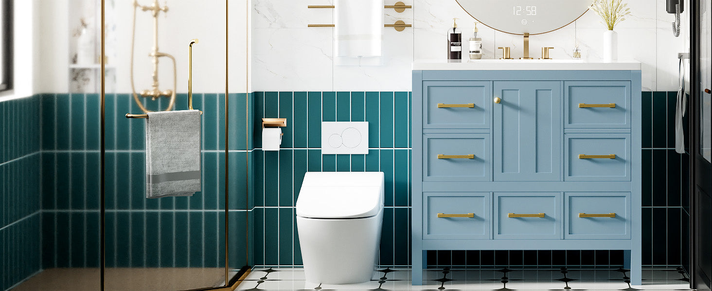 36'' Bathroom Vanity With Resin Sink Combo, Solid Wood Frame Bathroom Storage Cabinet, Freestanding Vanity Set With 5 Drawers& Soft Closing Doors Same As N710S136002M Blue Bathroom Solid Wood Mdf Resin