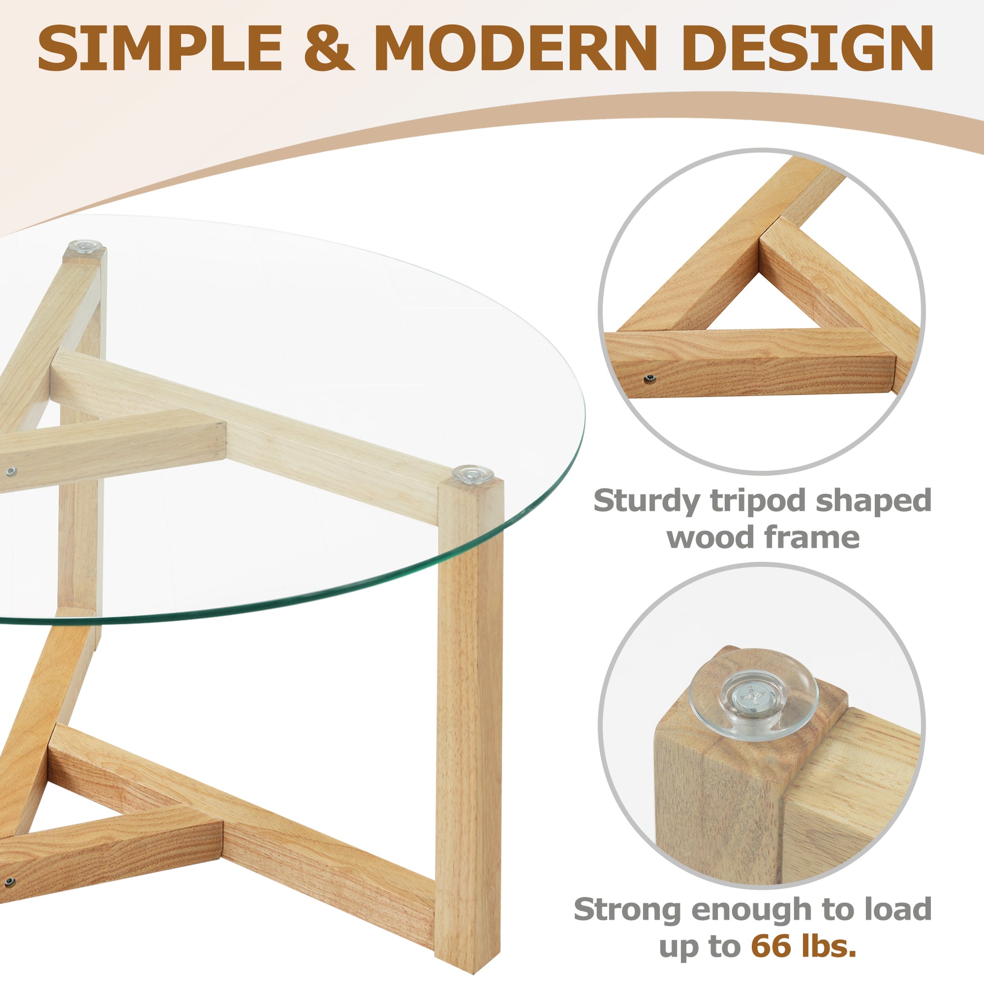 Picture Round Glass Coffee Table Modern Cocktail Table Easy Assembly With Tempered Glass Top & Sturdy Wood Base, Natural Old Sku: Wf190112Aal Natural Glass