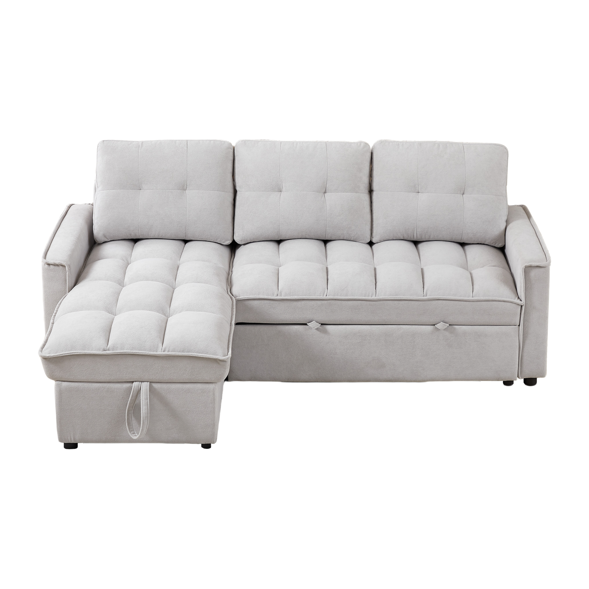 Mh 78.75" Reclining Sofa, Pull Out Sofa Bed With Usb And Tape C Charging Ports, L Shaped Sectional Sofa With Reclining Storage And Arm Side Organizer Pocket Features, Living Room Comfort Sofa Light Grey Chenille Wood Primary Living Space Eucalyptus Foam