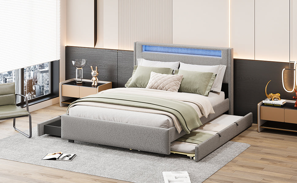 Full Size Upholstered Platform Bed With Led Frame, With Twin Size Trundle And 2 Drawers, Teddy Fleece, Gray Gray Fleece