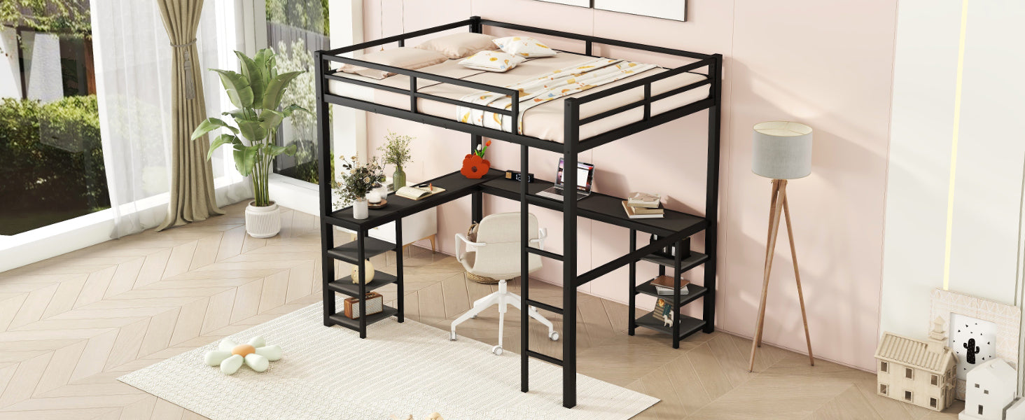 Full Metal Loft Bed With Desk And Shelves, Loft Bed With Ladder And Guardrails, Loft Bed Frame For Bedroom, Black With Black Desk Full Black Metal