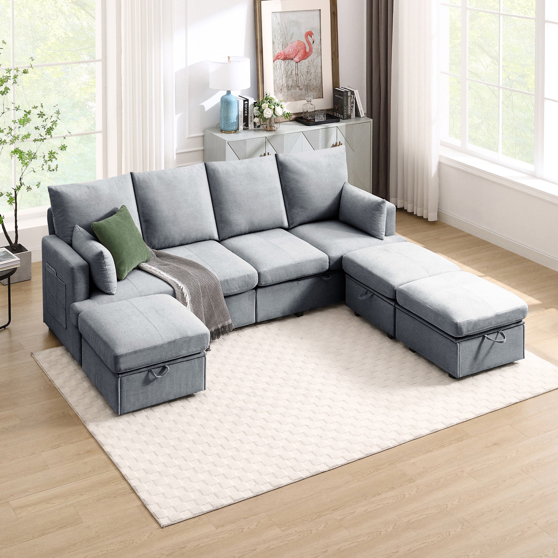 Modern U Shape Modular Sofa, 7 Seat Chenile Sectional Couch Set With 2 Pilows Lncluded, Freely Combinableindoor Funiture For Living Room,Apartment, Office, 3 Colors Light Gray Chenille Metal Primary Living Space Medium Soft Loose Back Modern Poplar Foam