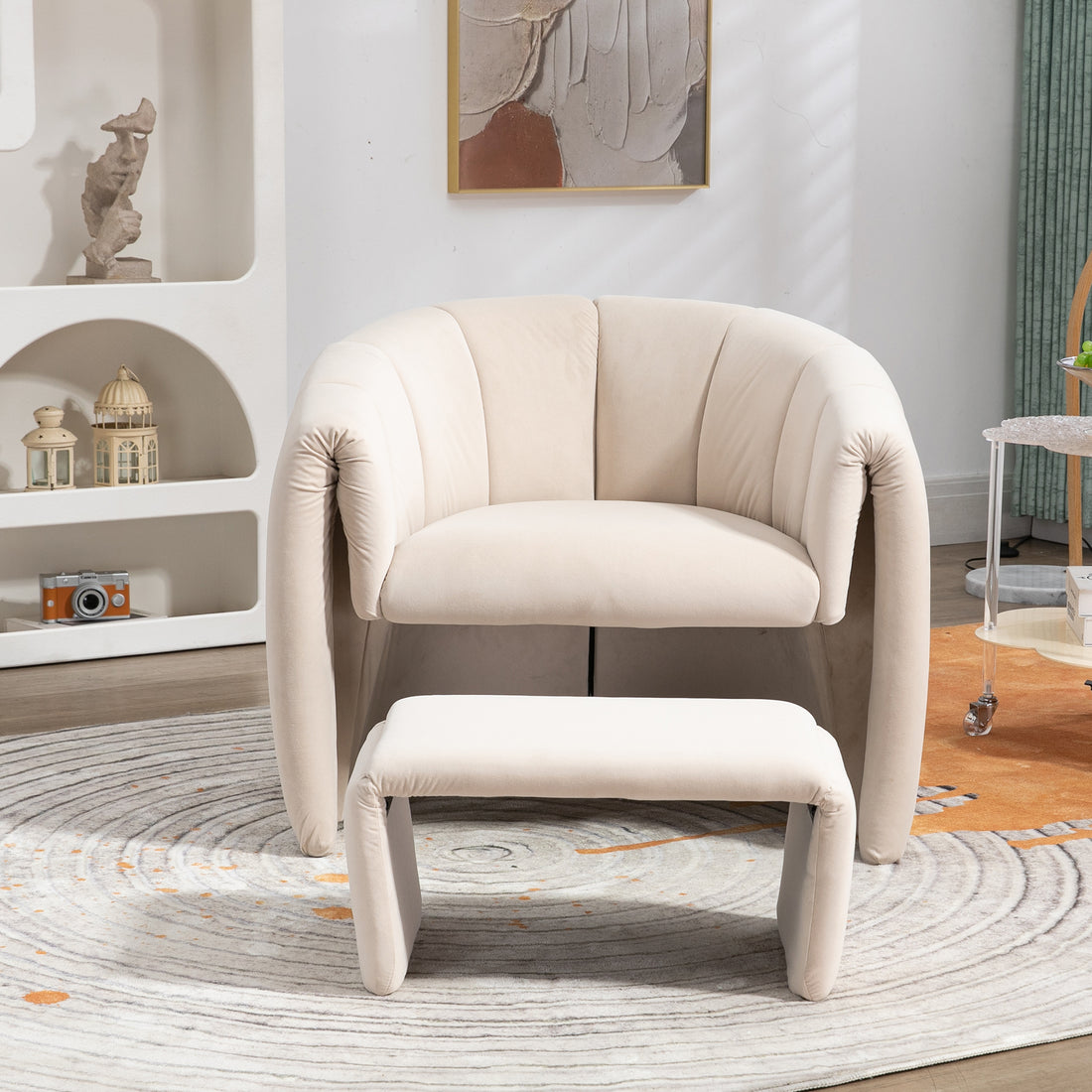 Coolmore Accent Chair With Ottoman, Mid Century Modern Barrel Chair Upholstered Club Tub Round Arms Chair For Living Room Bedroom Office Beige Velvet Beige Foam Velvet