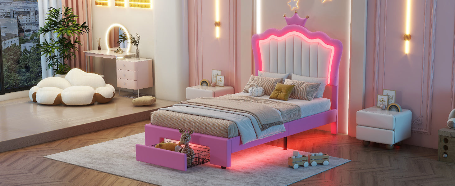 Twin Size Upholstered Bed Frame With Led Lights, Modern Upholstered Princess Bed With Crown Headboard, A Drawer, Pink White Box Spring Not Required Twin Pink White Wood Bedroom Modern Bed Frame Pu