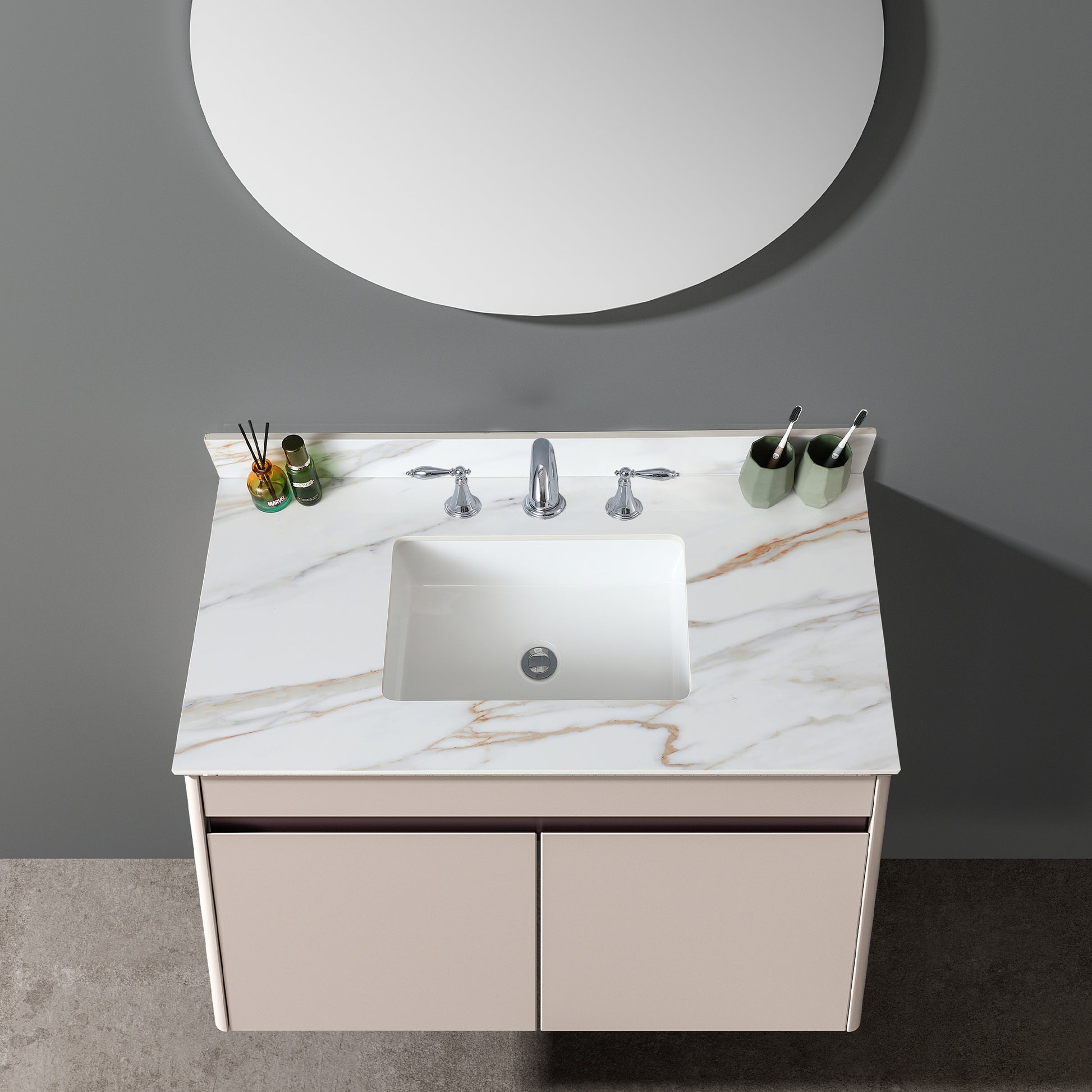 43 Inch Marble Vanity Top, Bathroom Vanity Top With Undermount Rectangular Middle Sink And 4" Height Backsplash, Pre Drilled 8 Inch Faucet Hole Spread Vanity Top, Carrara White With Veins White Marble Bathroom American Design Sintered Stone Sintered