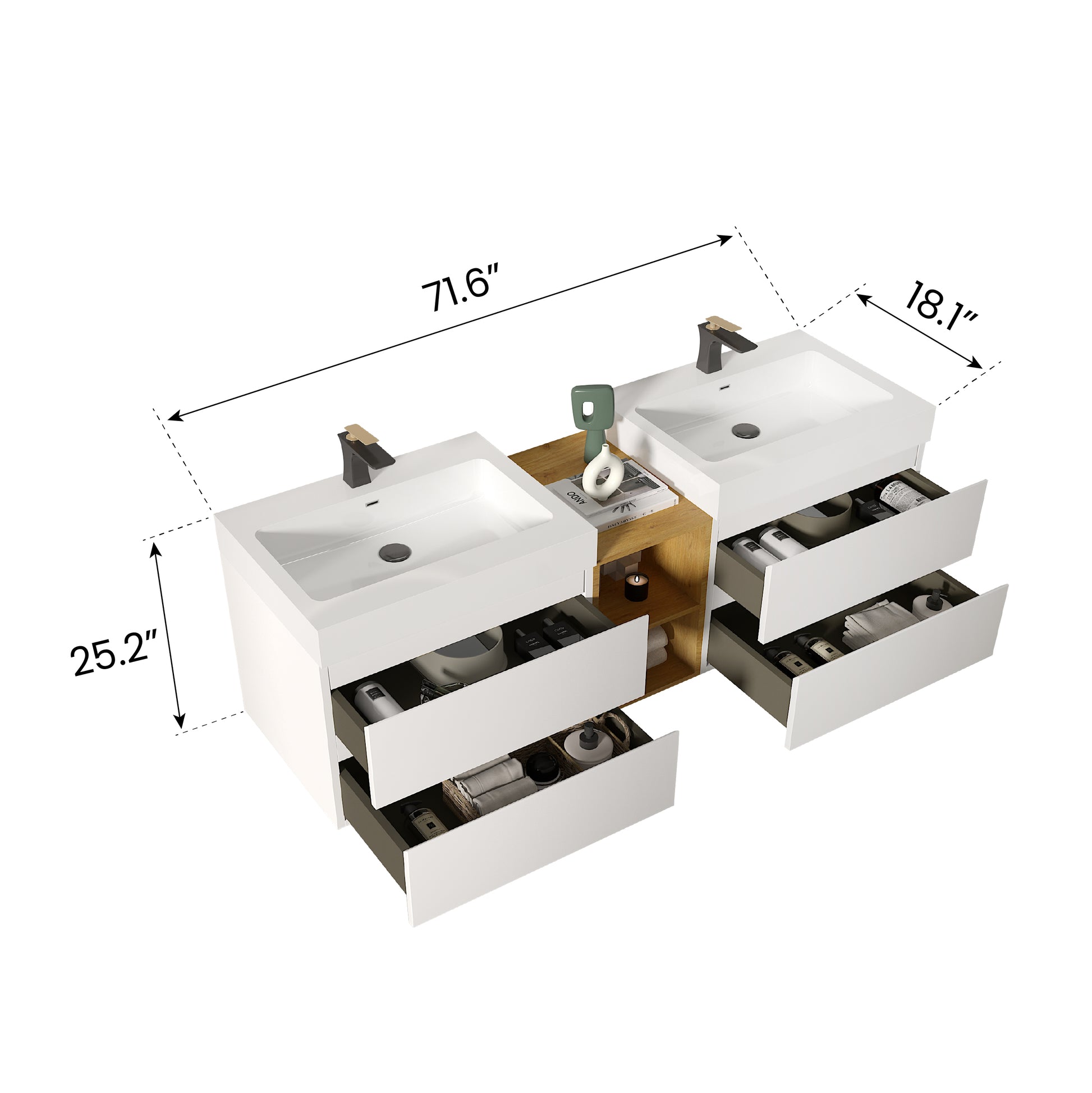 U063 Alice72W 201 Alice 72" White Bathroom Vanity With Double Sinks And Open Shelf, Modern Wall Mounted Floating Bathroom Vanity, One Piece Sink Basin Without Drain And Faucet White Bathroom Modern Mdf Mdf