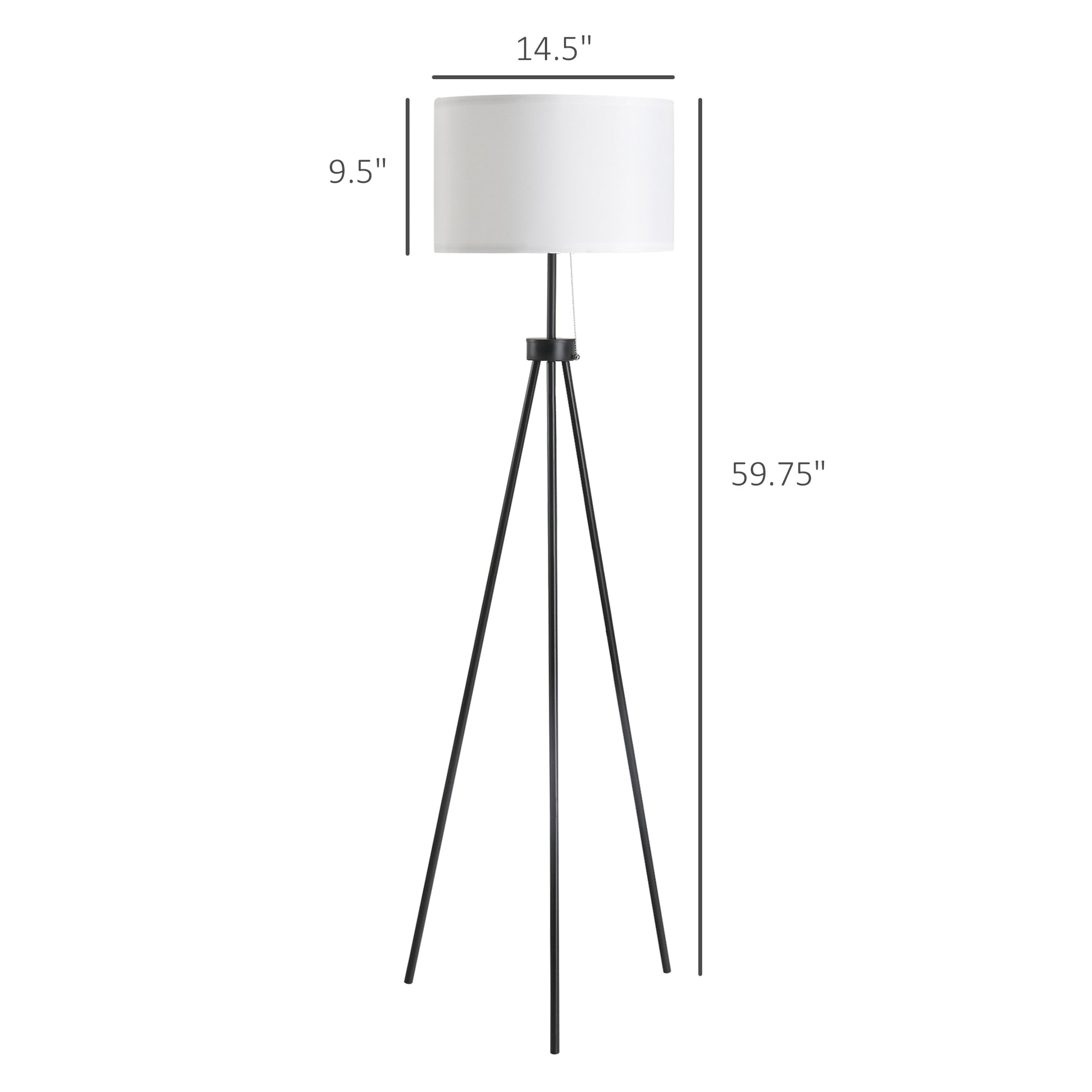 Homcom 59.75" Tripod Floor Lamp With Pull Chain Standing, Fabric Lampshade E26 Lamp Holder Steel For Living Room, Bedroom, Office, Black Black Glass Metal