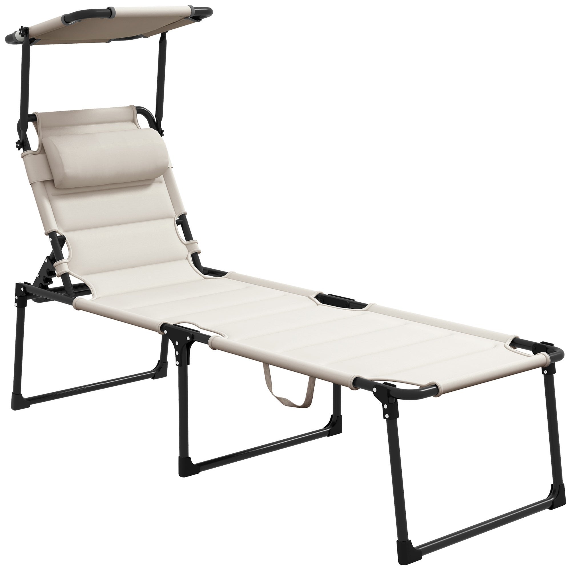 Outsunny Outdoor Lounge Chair, Adjustable Backrest Folding Chaise Lounge, Cushioned Tanning Chair W Sunshade Roof & Pillow Headrest For Beach, Camping, Hiking, Cream White Cream White Steel