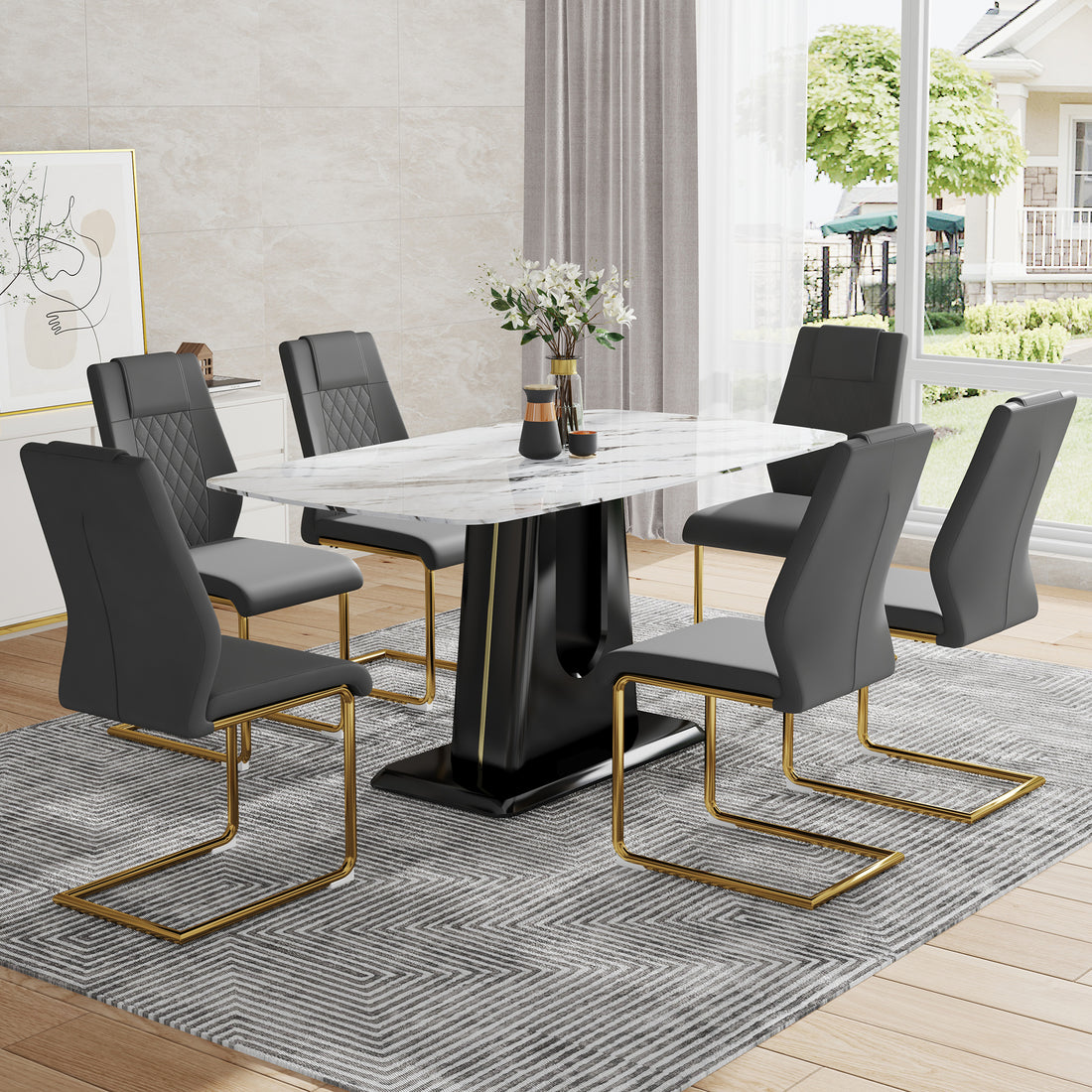 Table And Chair Set, Modern And Minimalist Dining Table, Imitation Marble Patterned Tabletop, Mdf Legs With U Shaped Brackets. Paired With Comfortable Chairs, Suitable For Dining And Living Rooms. Grey Black Mdf Glass