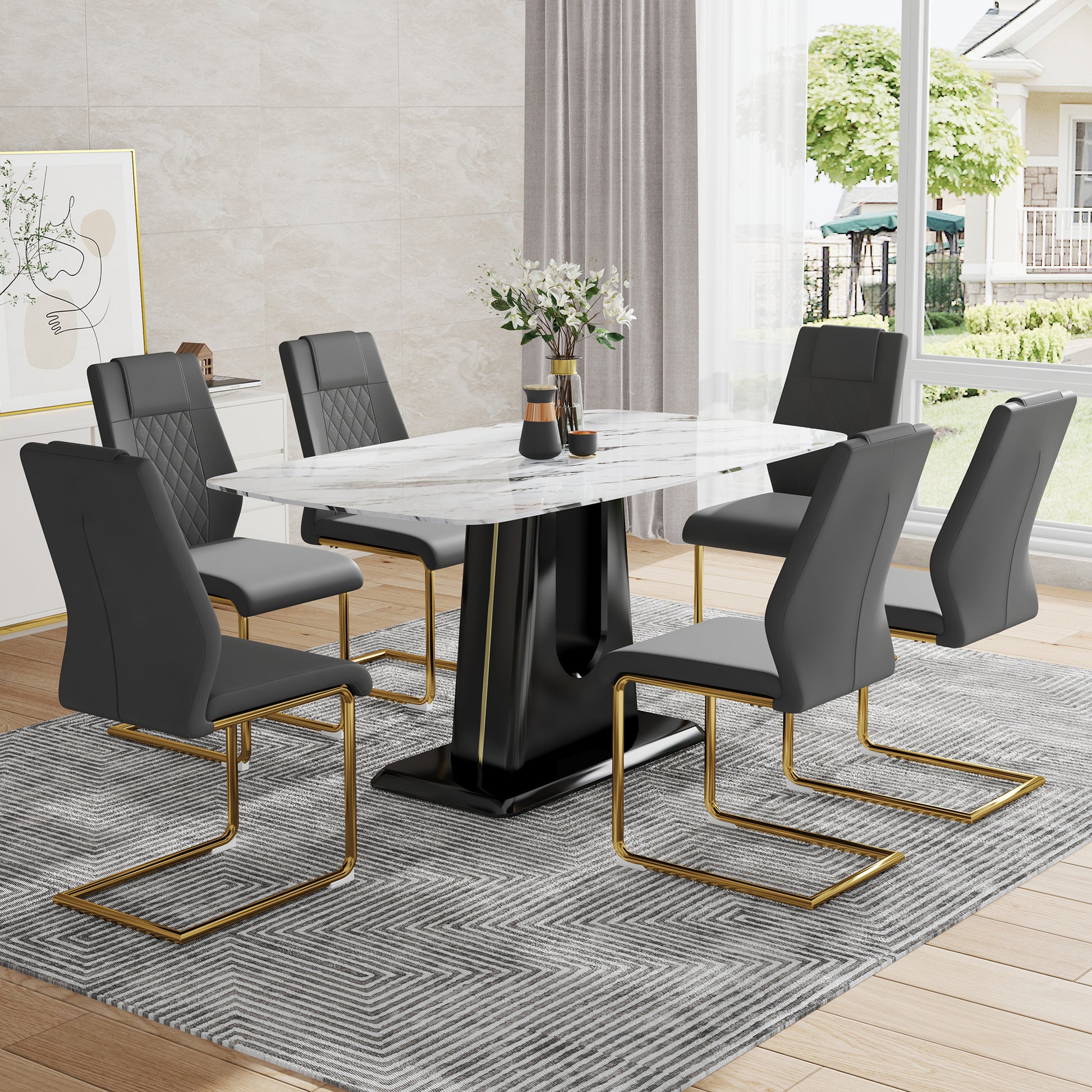 Table And Chair Set, Modern And Minimalist Dining Table, Imitation Marble Patterned Tabletop, Mdf Legs With U Shaped Brackets. Paired With Comfortable Chairs, Suitable For Dining And Living Rooms. Grey Black Mdf Glass