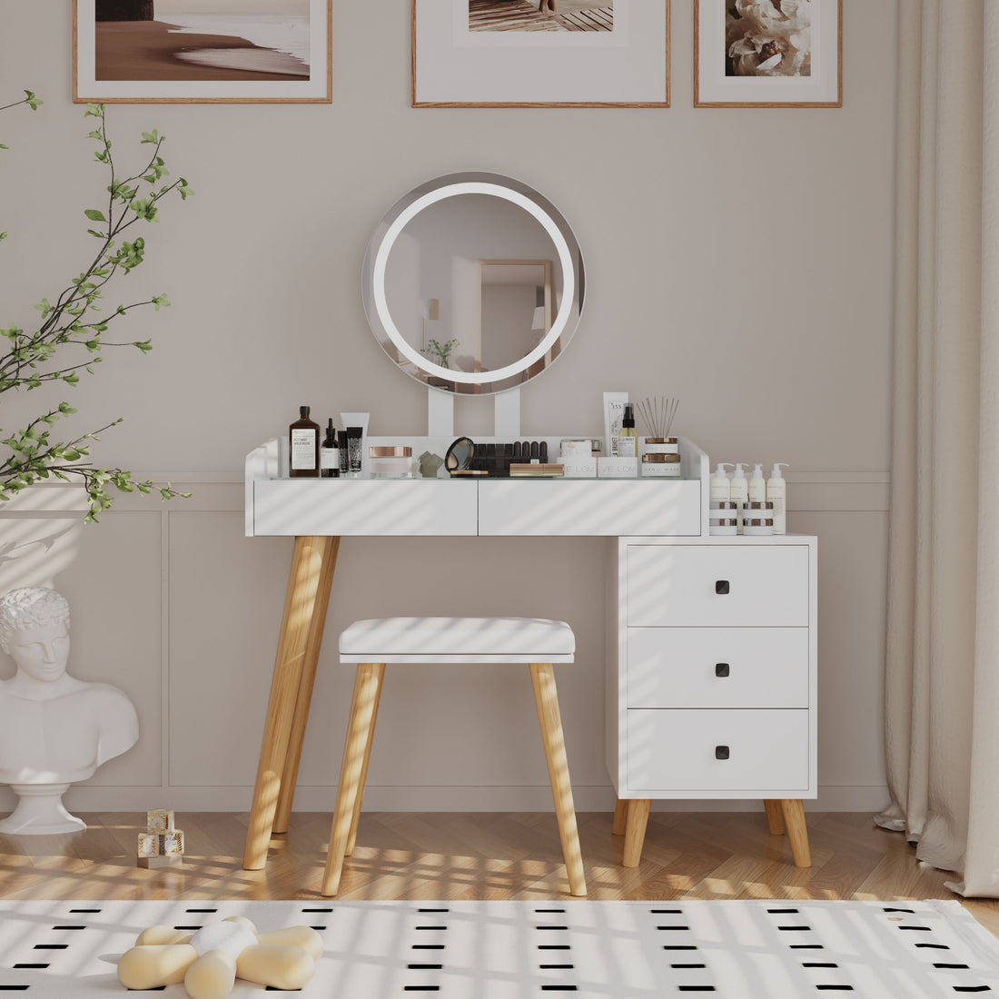 Dressing Table With Led Lights Glass Top Dressing Table With Extendable Side Table 5 Drawers Dressing Table With Mirror And Stool For Bedroom White Drawer 5 Drawers & Above Bedroom Modern Mirror Included White Particle Board Mdf