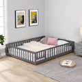 Queen Size Floor Bed With Door,Solid Wood Platform Bed Frame With Fence,Suitable For Children,Pine Wood,Gray Queen Gray Wood