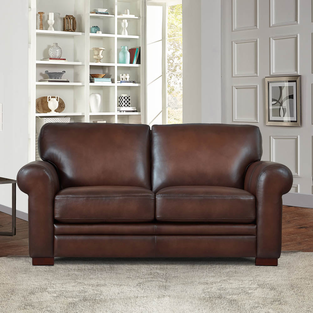 Brookfield Leather Loveseat Caramel Genuine Leather Wood Primary Living Space Medium Firm Cushion Back Mid Century Modern Eucalyptus Rolled Arms Down Filling Leather