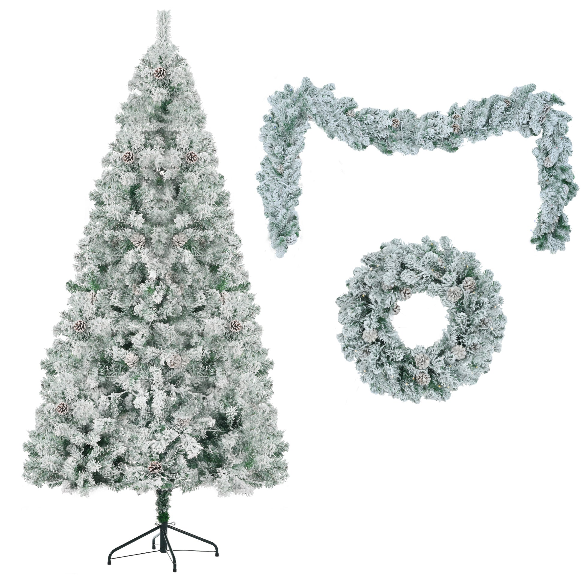 6Ft Snow Flocked Christmas Tree, Pre Lit Set With Tree & Garland & Wreath, Artificial Hinged Xmas Tree With Colorful Led Lights, 8 Lighting Modes, Pine Cones, Holiday D Cor For Home White Green Pvc