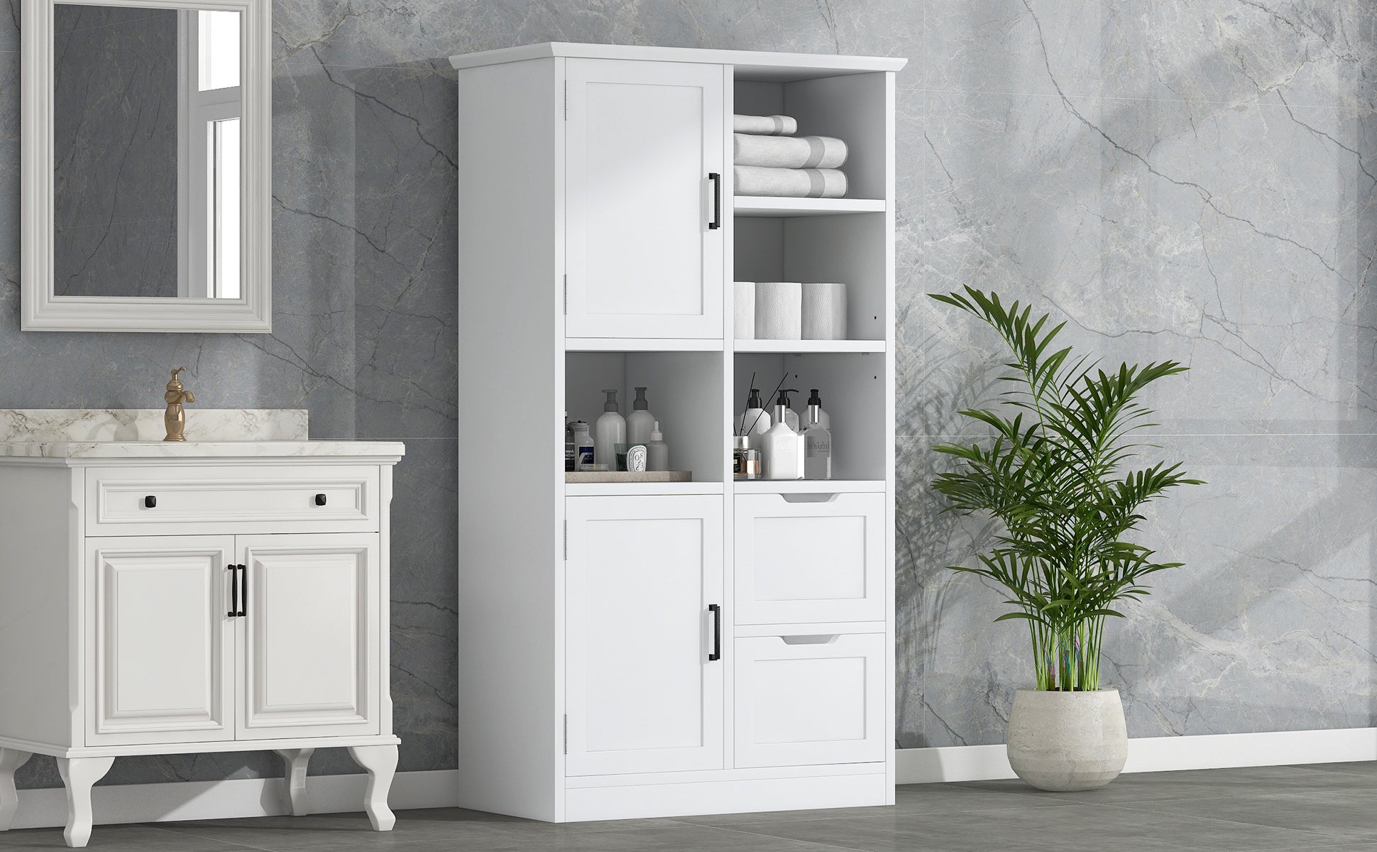 Bathroom Storage Cabinet With Doors And Drawers, Multiple Storage Space, Freestanding Style, Open Shelve, Adjustable Shelf, White White Mdf