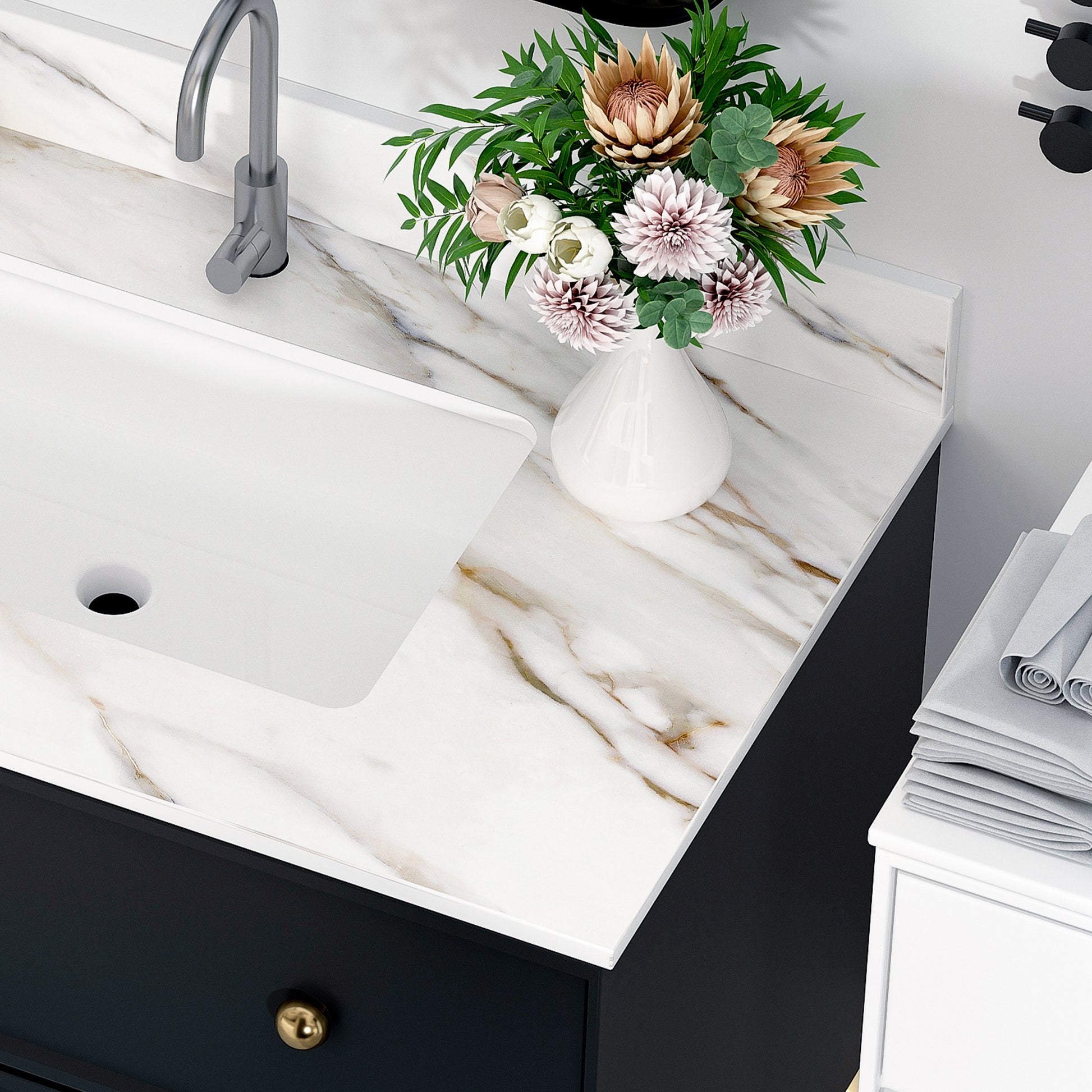 37 Inch Marble Vanity Top, Bathroom Vanity Top With Undermount Rectangular Middle Sink And 4" Height Backsplash, Pre Drilled Faucet Hole Vanity Top, Carrara White With Veins White Marble Bathroom American Design,American Traditional Sintered Stone