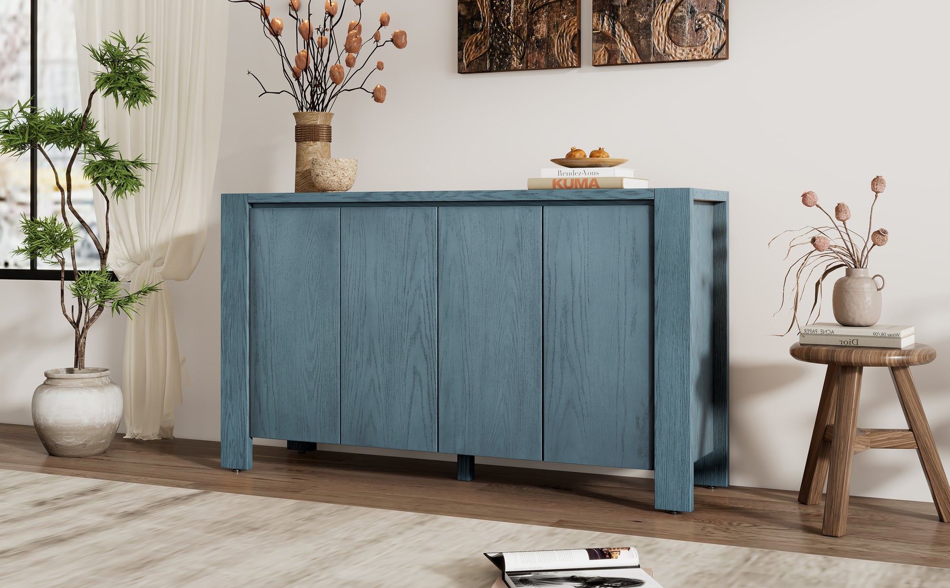 Retro 4 Door Sideboard With Distressed Finish And Adjustable Shelves For Dining Room, Kitchen, And Living Room Navy Navy Mdf,Rubber Wood