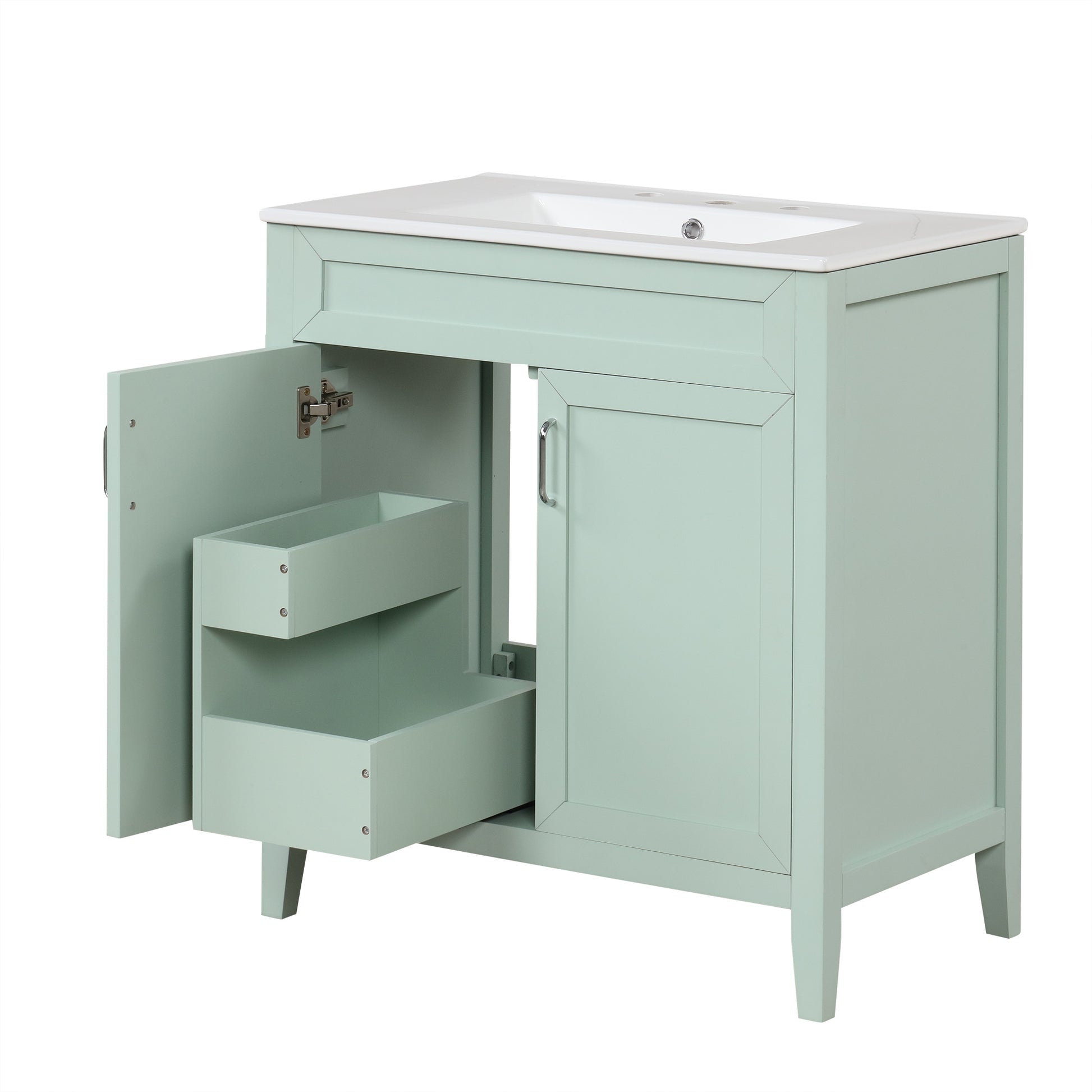 30" Bathroom Vanity With Sink, Multi Functional Bathroom Cabinet With Doors And Drawers, Solid Frame And Mdf Board, Green Green Solid Wood Mdf