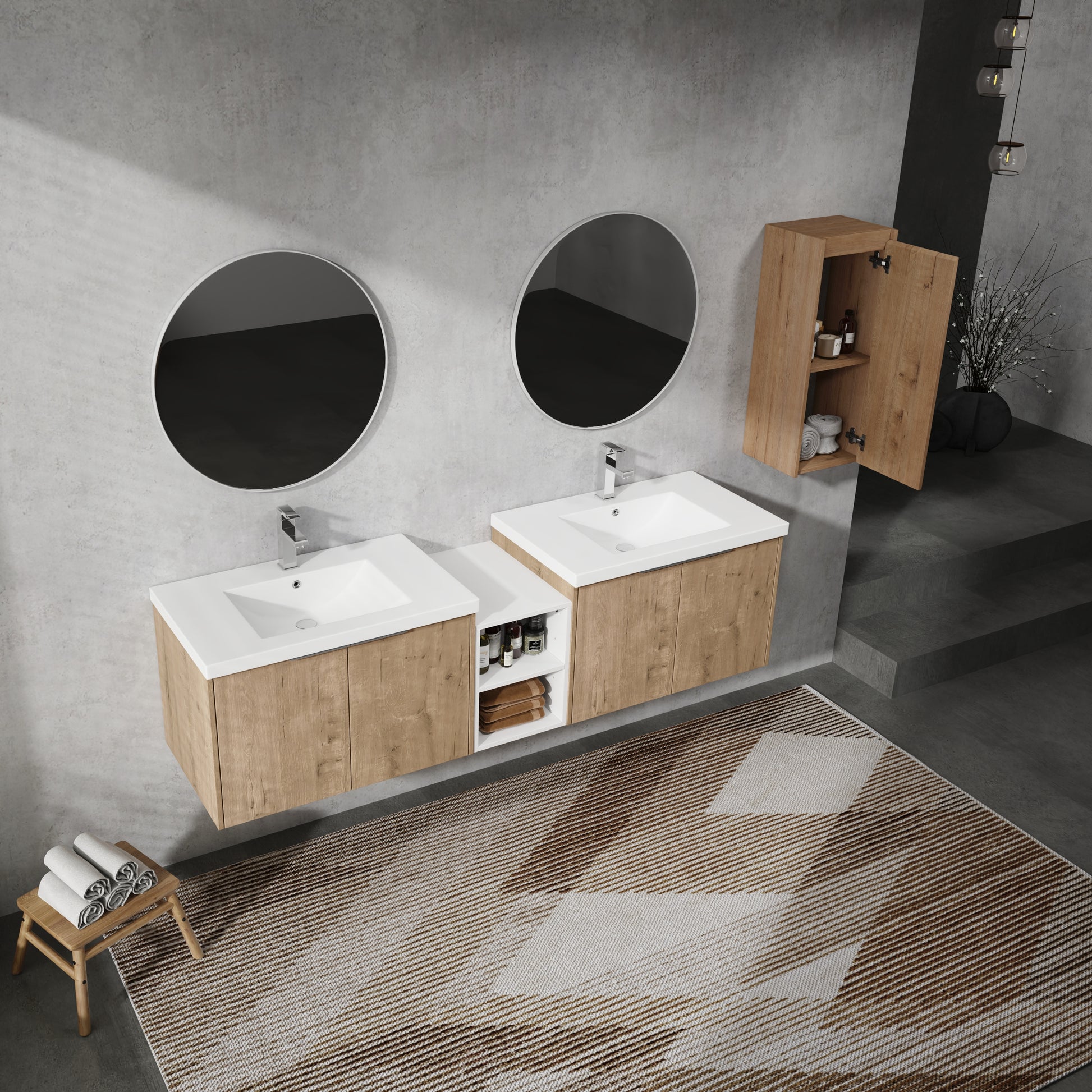 72" Wall Mounted Bathroom Vanity With Sink And Side Cabinet, Soft Close Doors,00112Imo 00630Imox2 00612Gwh Combination Cabinet Kd Packing Imitative Oak Bathroom Modern Plywood Plywood