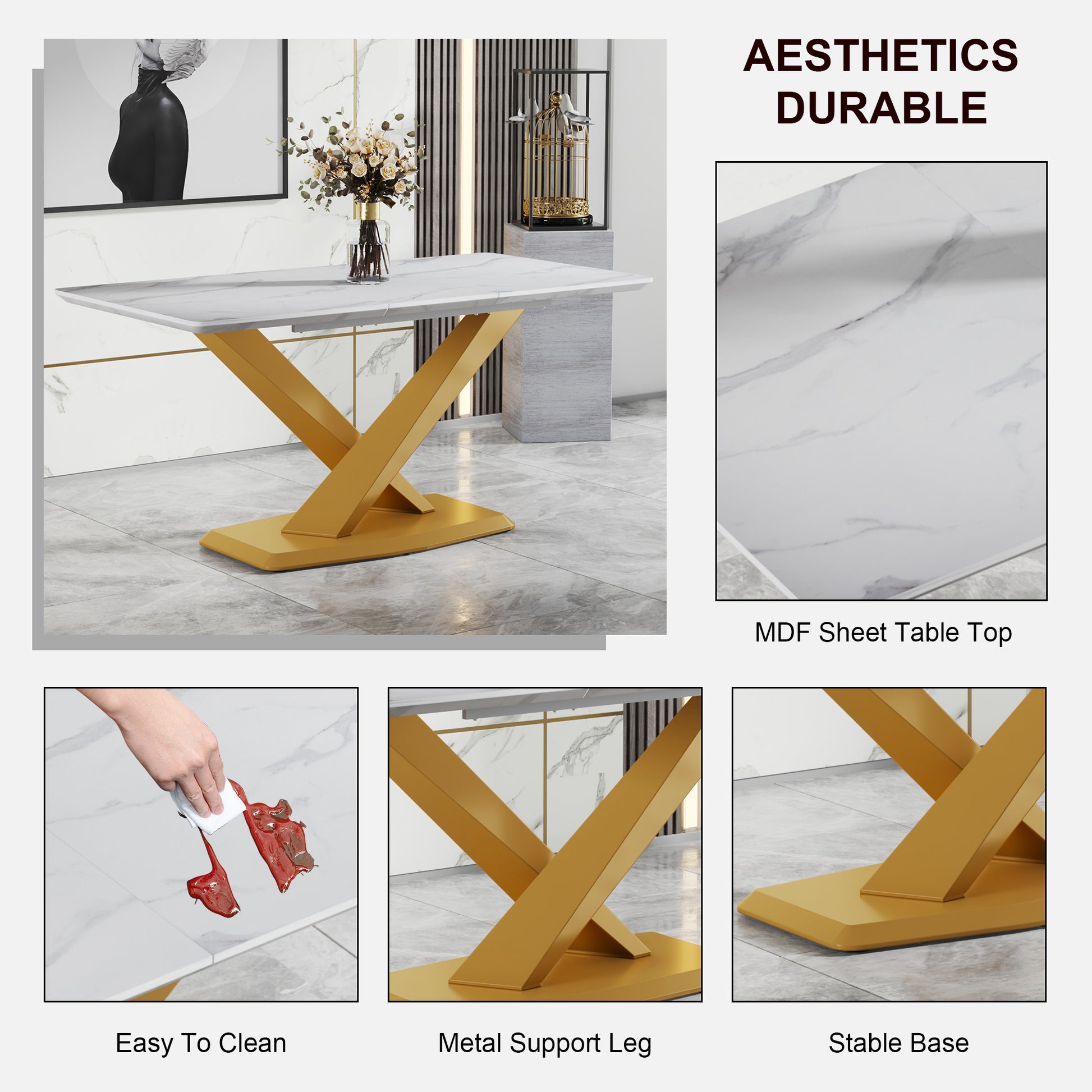 Table And Chair Set, The Table Is Equipped With A Marble Patterned Mdf Tabletop And Gold Table Legs.The Chair Is Equipped With Pu Synthetic Leather High Back Cushion And Gold Coated Metal Legs. Gold White Seats 6 Mdf Metal