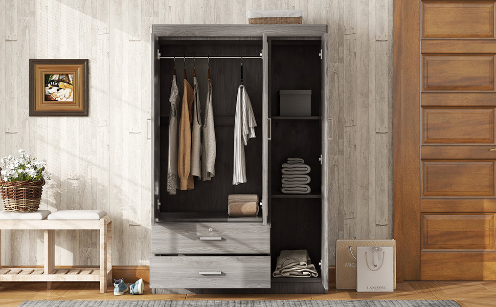 3 Door Mirror Wardrobe With Shelves, Gray Gray Plywood