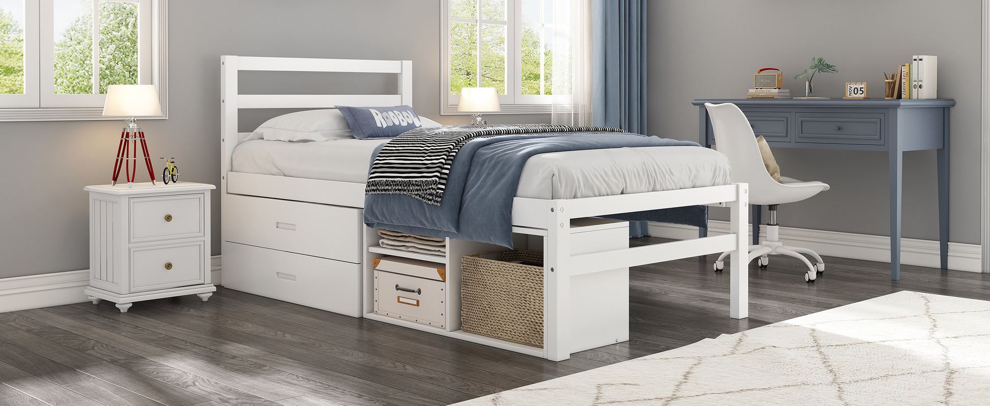Twin Size Wood Platform Bed With Removable Storage Shelves, Built In Two Storage Drawers For Added Convenience, White Twin White Wood