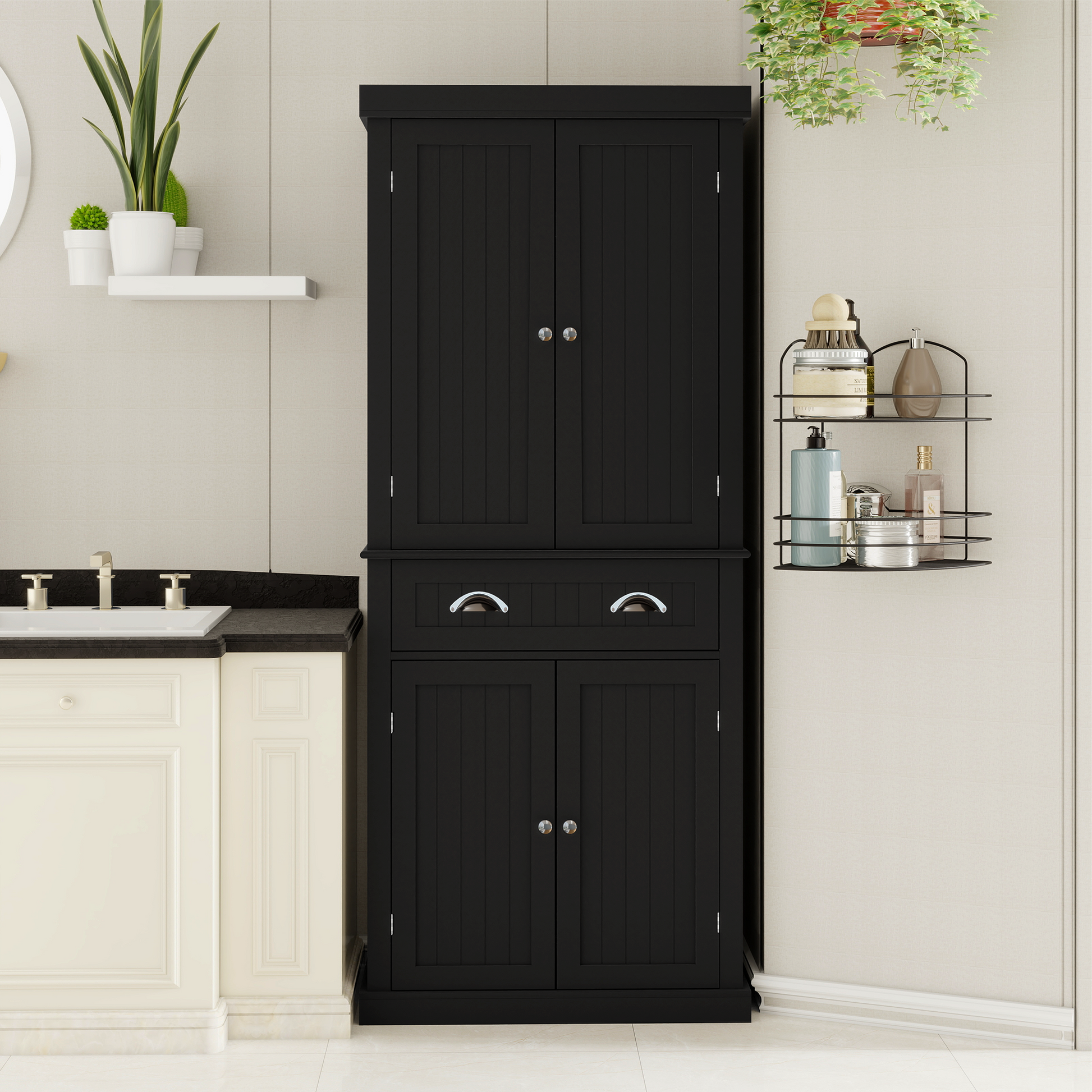 71" Kitchen Pantry Storage Cabinetwith 4 Doors, Drawer, 2 Adjustable Shelves, Freestanding Cupboard For Dining Room Living Room, Laundry Black Black Mdf