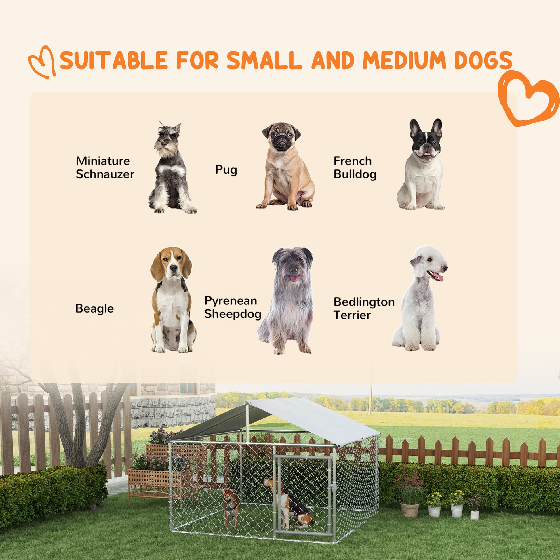 Pawhut Large Dog Kennel Outside, Heavy Duty Dog Cage With Waterproof Cover, Outdoor Fence Dog Run With Galvanized Chain Link, Secure Lock, 6.6' X 6.6' X 4.9' Silver Steel