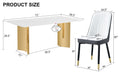 Table And Chair Set.The Table Has A Glass Top With Imitation Marble Pattern Stickers And Stainless Steel Golden Legs. Paried With Chairs With Pu Artificial Leather Backrest Cushions And Black Legs. Black Gold Seats 8 Glass Metal