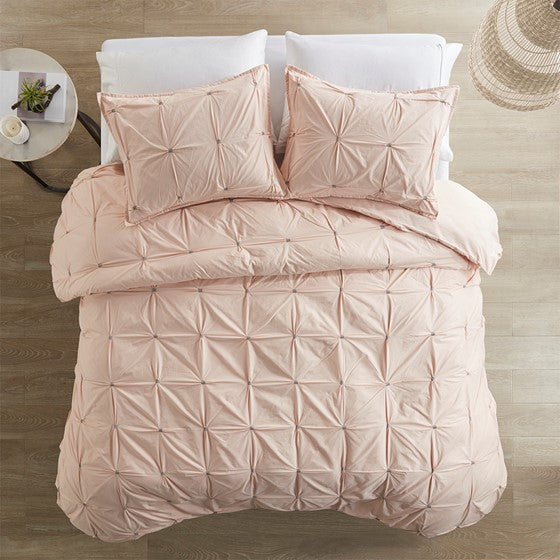 3 Piece Elastic Embroidered Cotton Duvet Cover Set King Pink Cotton